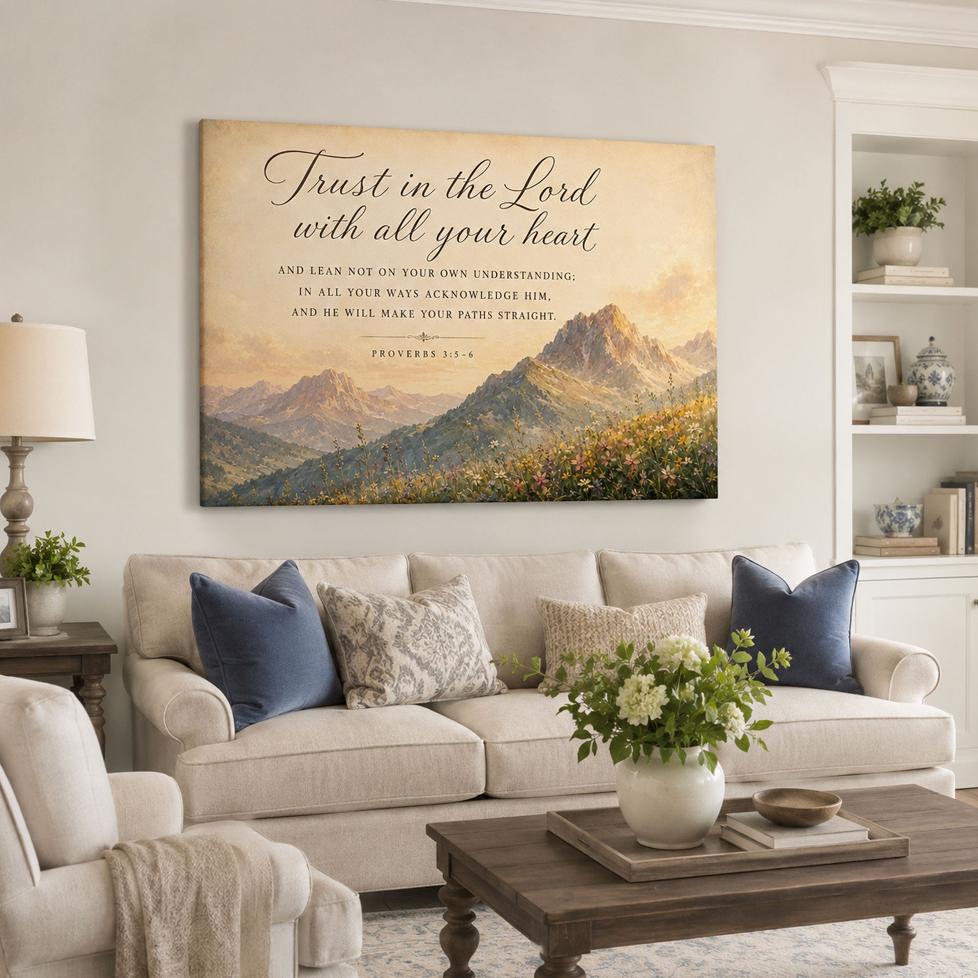 Proverbs 3:5-6 Canvas Print, Trust in the Lord Mountain Scripture Wall Art, Christian Faith Home Decor Gift