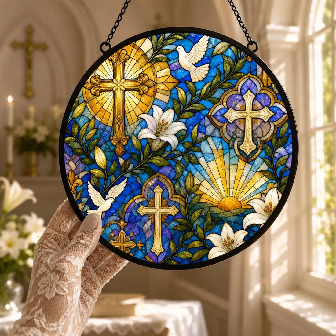 Christian Cross Stained Glass Suncatcher, Lily and Dove Window Hanging, Religious Gift for Mom