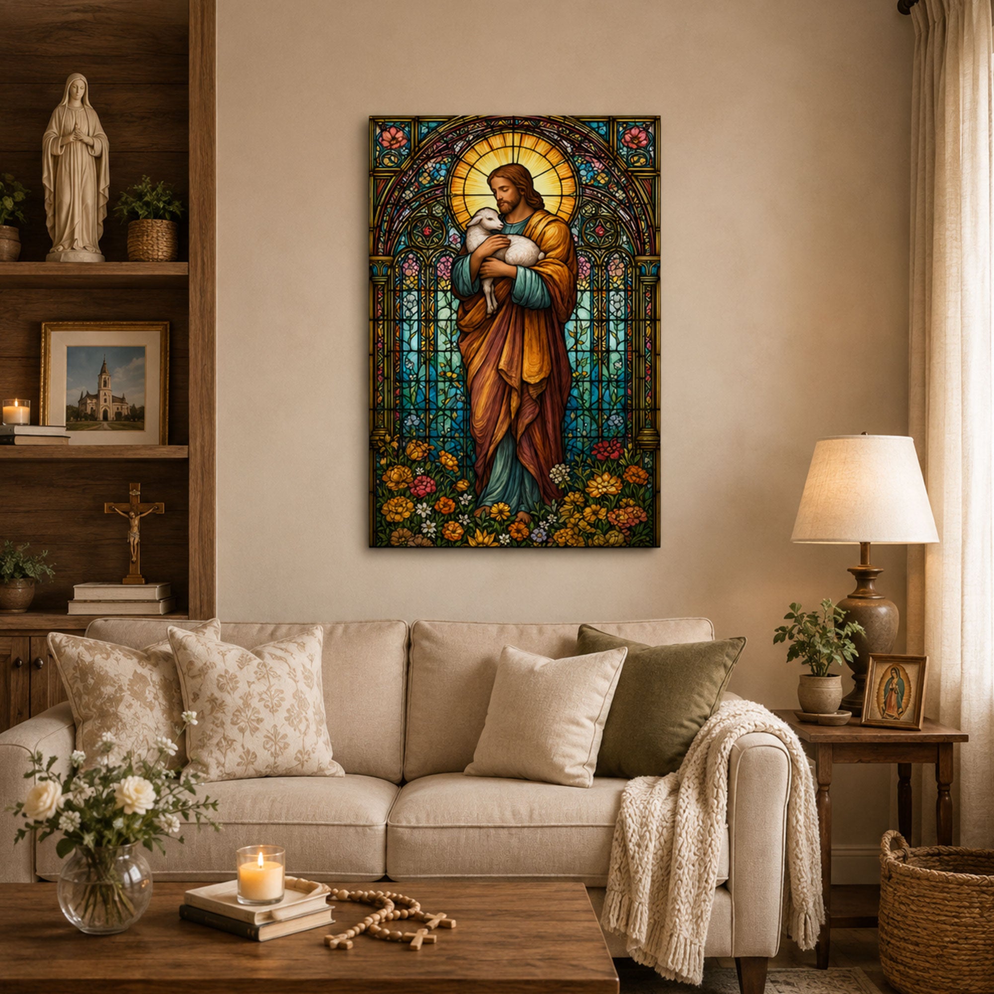 Jesus the Good Shepherd Stained Glass Canvas Print, Christian Home Decor