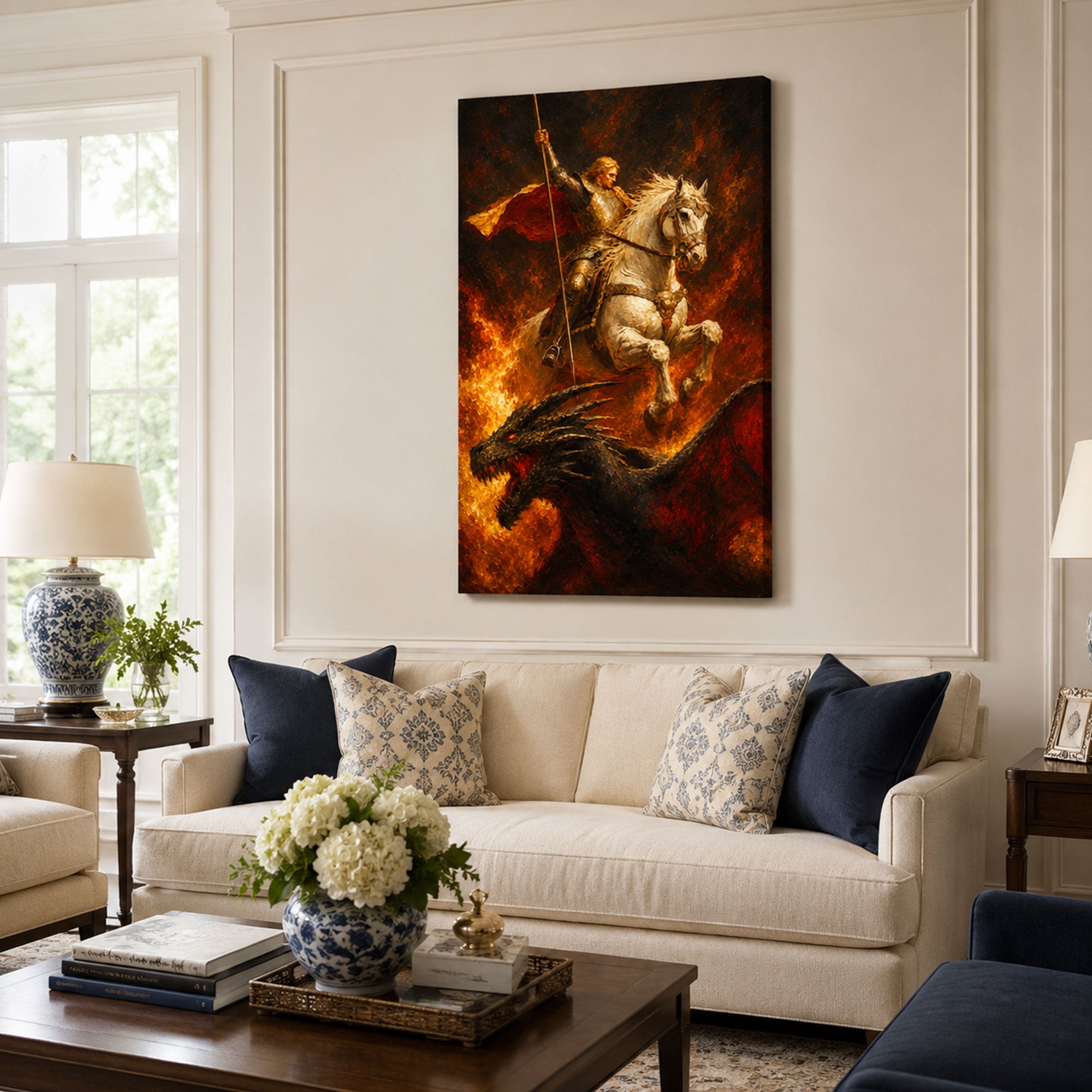 Saint George Firestorm Canvas Print, Fiery Catholic Warrior Art