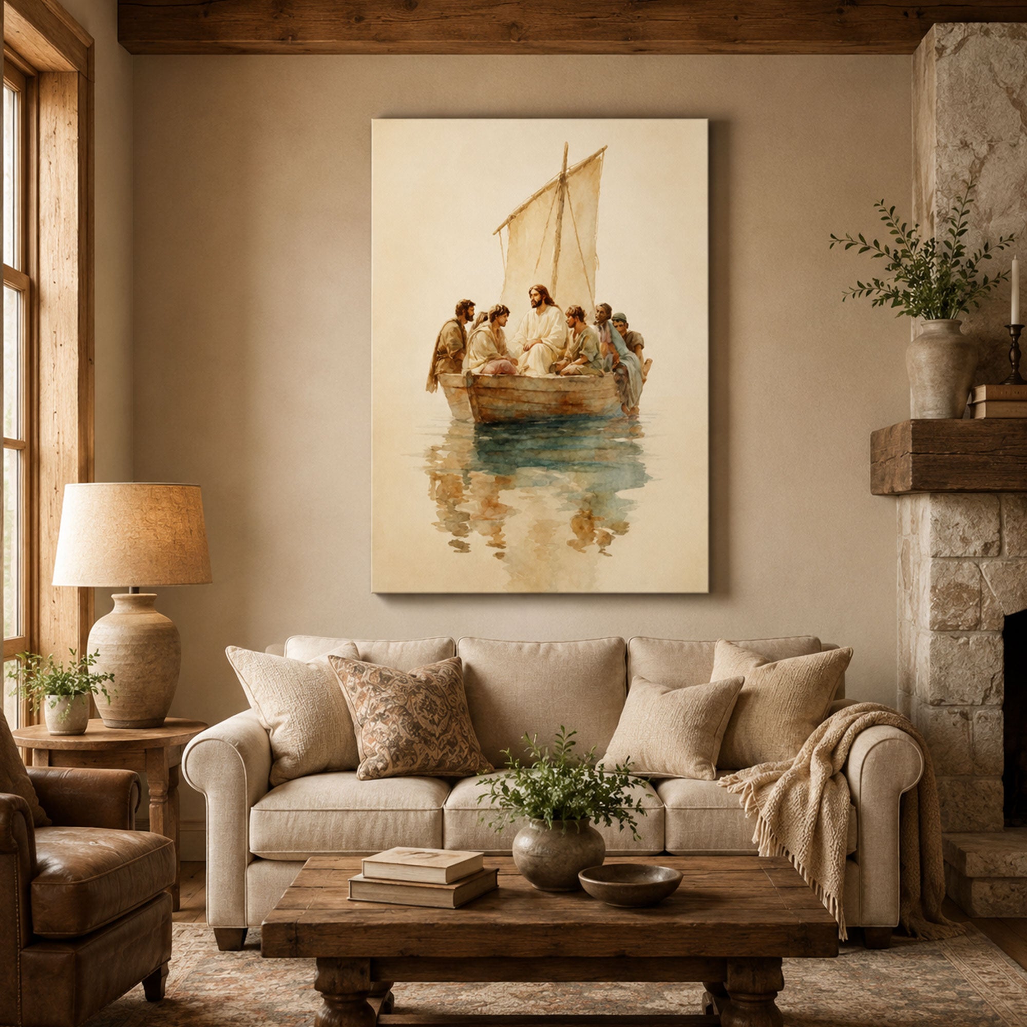 Jesus with His Disciples on the Boat Canvas Print, Christian Home Decor