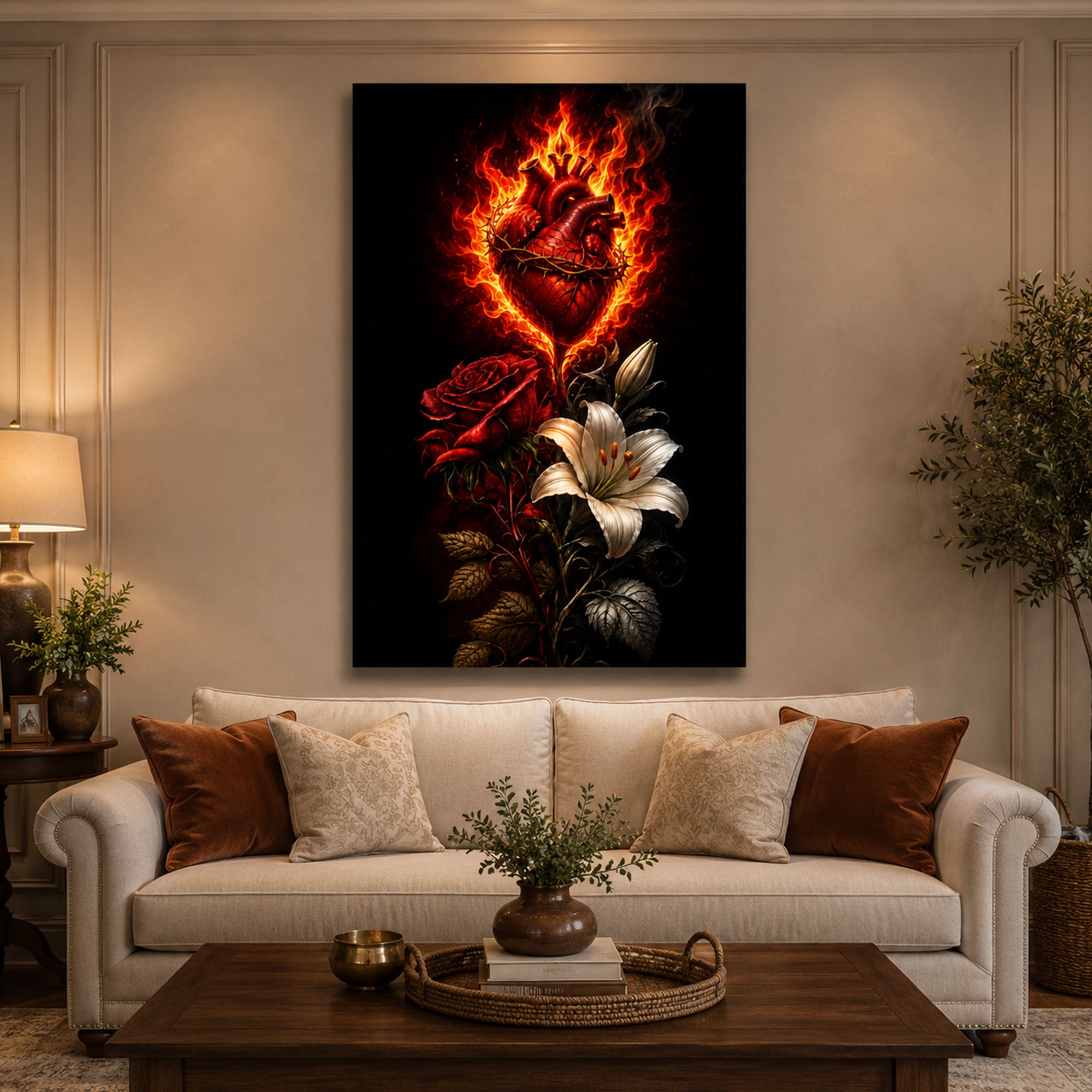 Sacred Heart of Jesus Canvas Print, Catholic Wall Art, Flaming Sacred Heart with Roses and Lily, Christian Religious Home Decor