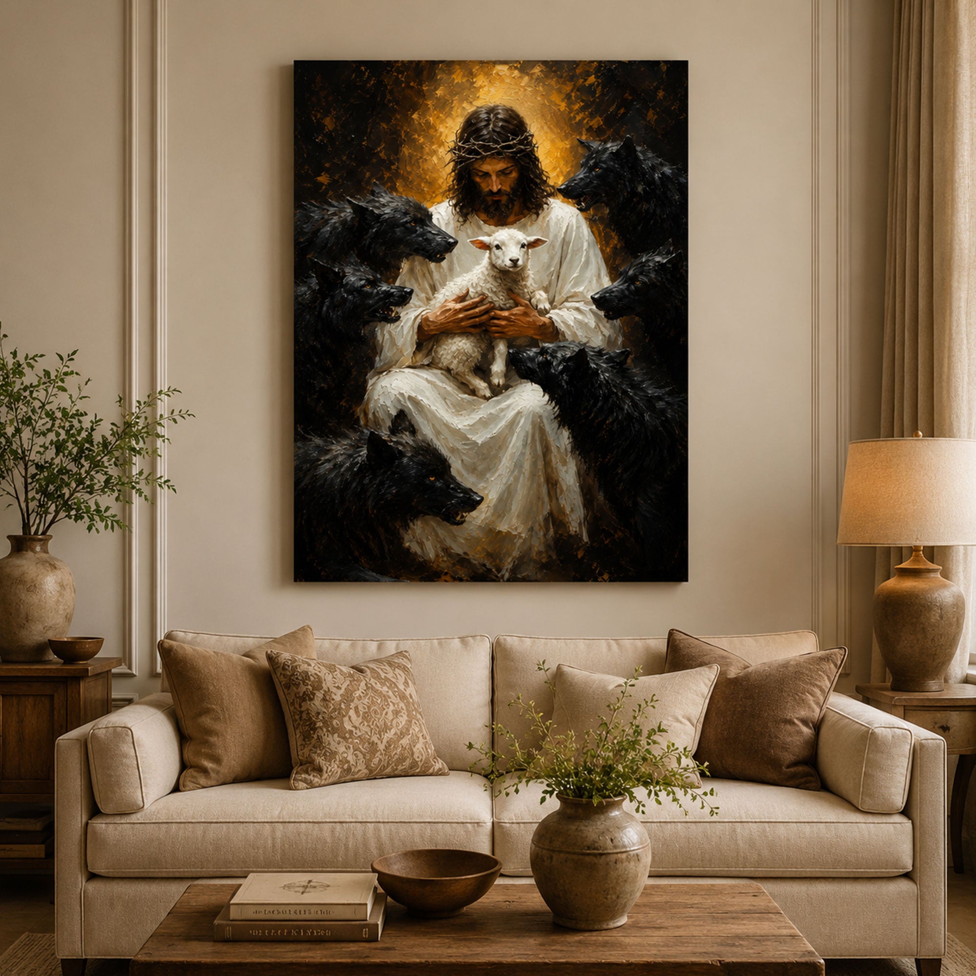 Jesus Protecting the Lamb Canvas Print, Good Shepherd with Wolves Christian Wall Art, Faith Home Decor