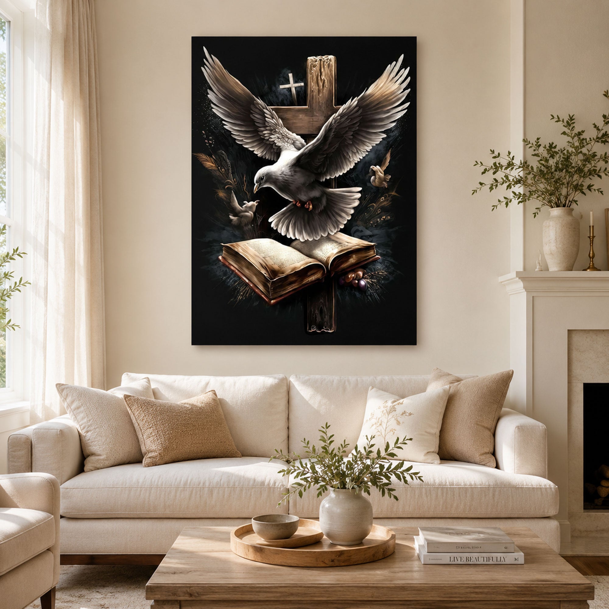Spiritual Dove with Open Bible Canvas Art, Cross Christian Wall Decor, Inspirational Faith Religious Artwork