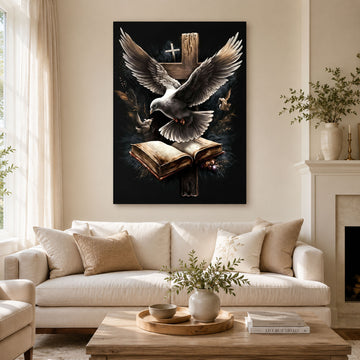 Spiritual Dove with Open Bible Canvas Art, Cross Christian Wall Decor, Inspirational Faith Religious Artwork