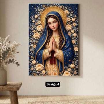 Blessed Virgin Mary Canvas Print, Floral Christian Wall Art, Peaceful Catholic Faith Decor, Heavenly Home Artwork