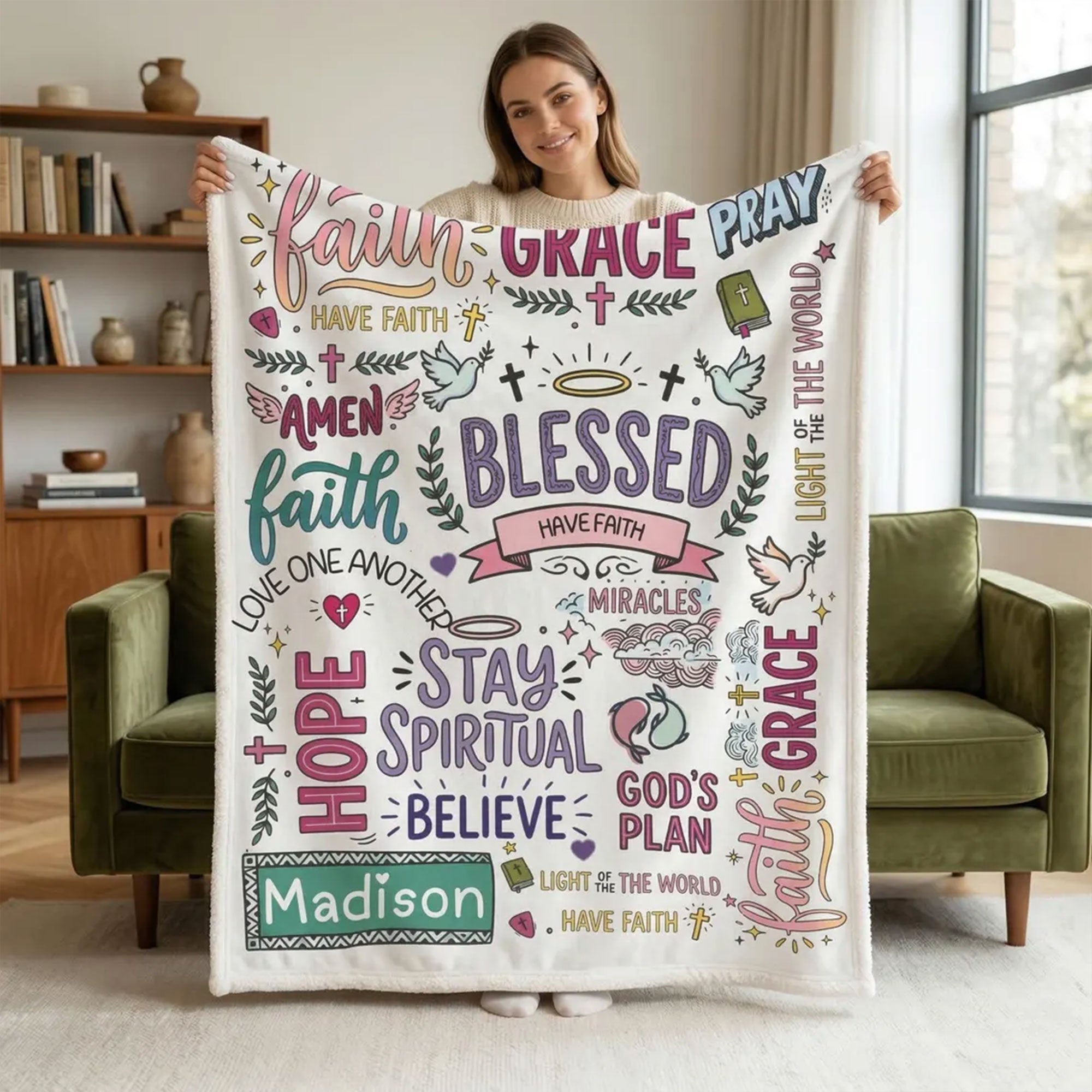 Personalized Christian Blanket with Name, Faith Throw Blanket, Religious Gift for Mom, Inspirational Bible Blanket