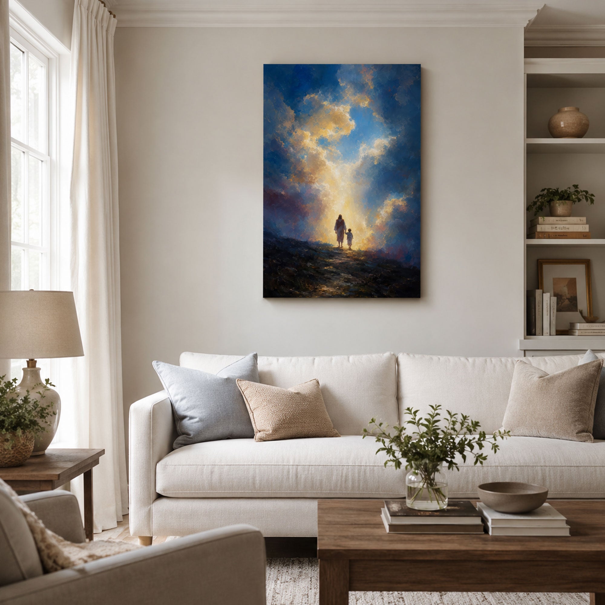 Jesus Leading a Child Toward the Light Canvas Print, Christian Home Decor