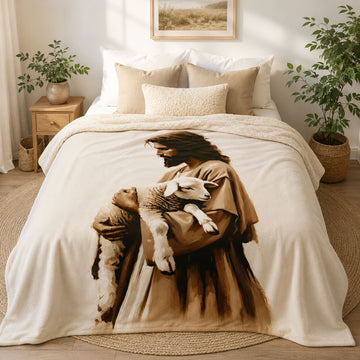 Jesus Holding Lamb Fleece Blanket, Good Shepherd Christian Throw, Faith Gift for Believers