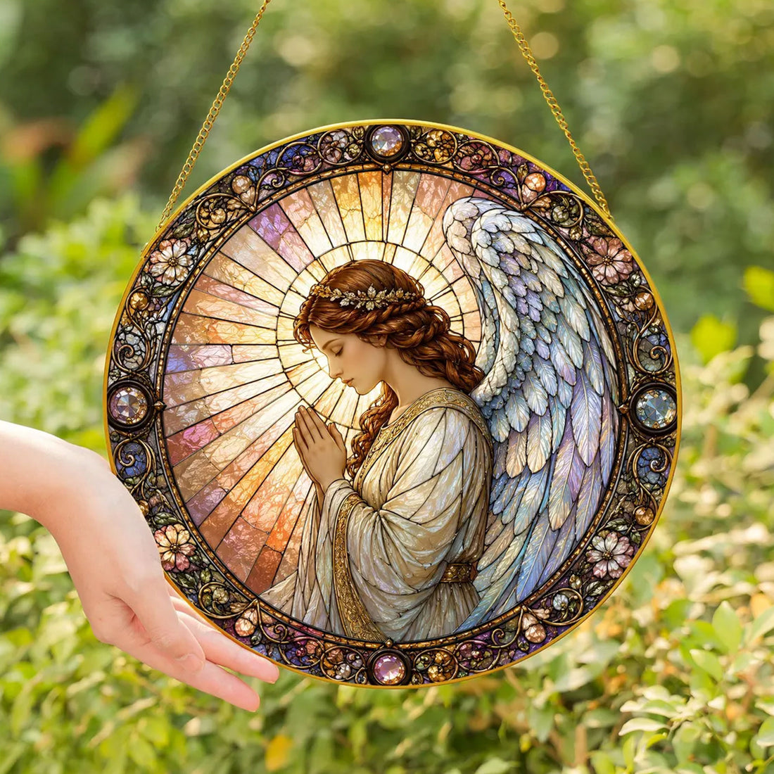 Praying Guardian Angel Stained Glass Suncatcher, Christian Window Hanging Gift