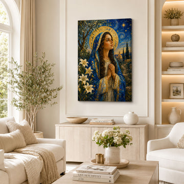 Mary Magdalene Prayer Canvas Print, Blue and Gold Catholic Home Decor