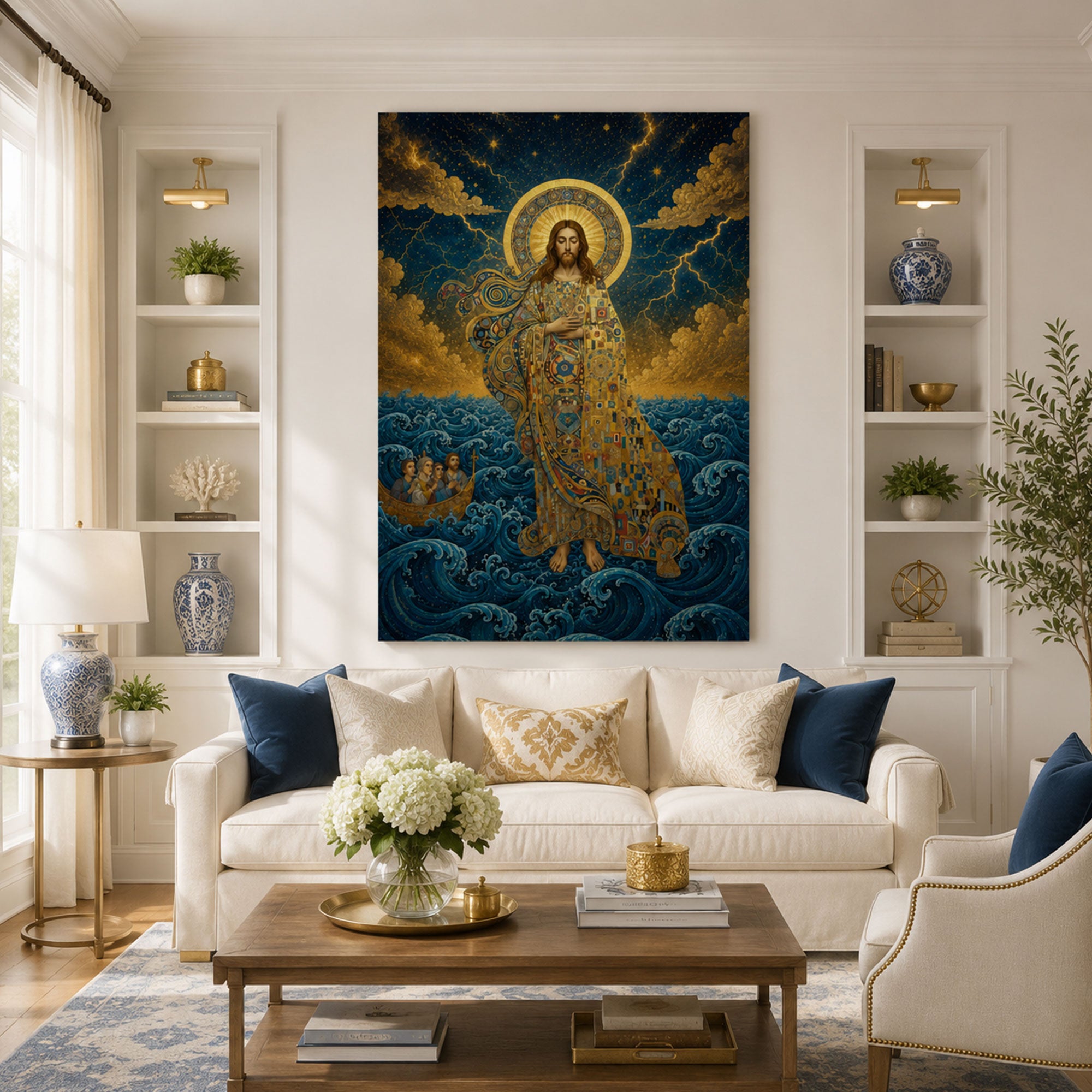 Jesus Walking on the Stormy Sea Canvas Print, Byzantine Mosaic Christian Wall Art, Faith Over Fear Religious Home Decor