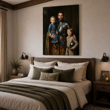 Custom Face For Dad Knight Family Canvas, Personalized Father and Kids Portrait, Father’s Day Gift