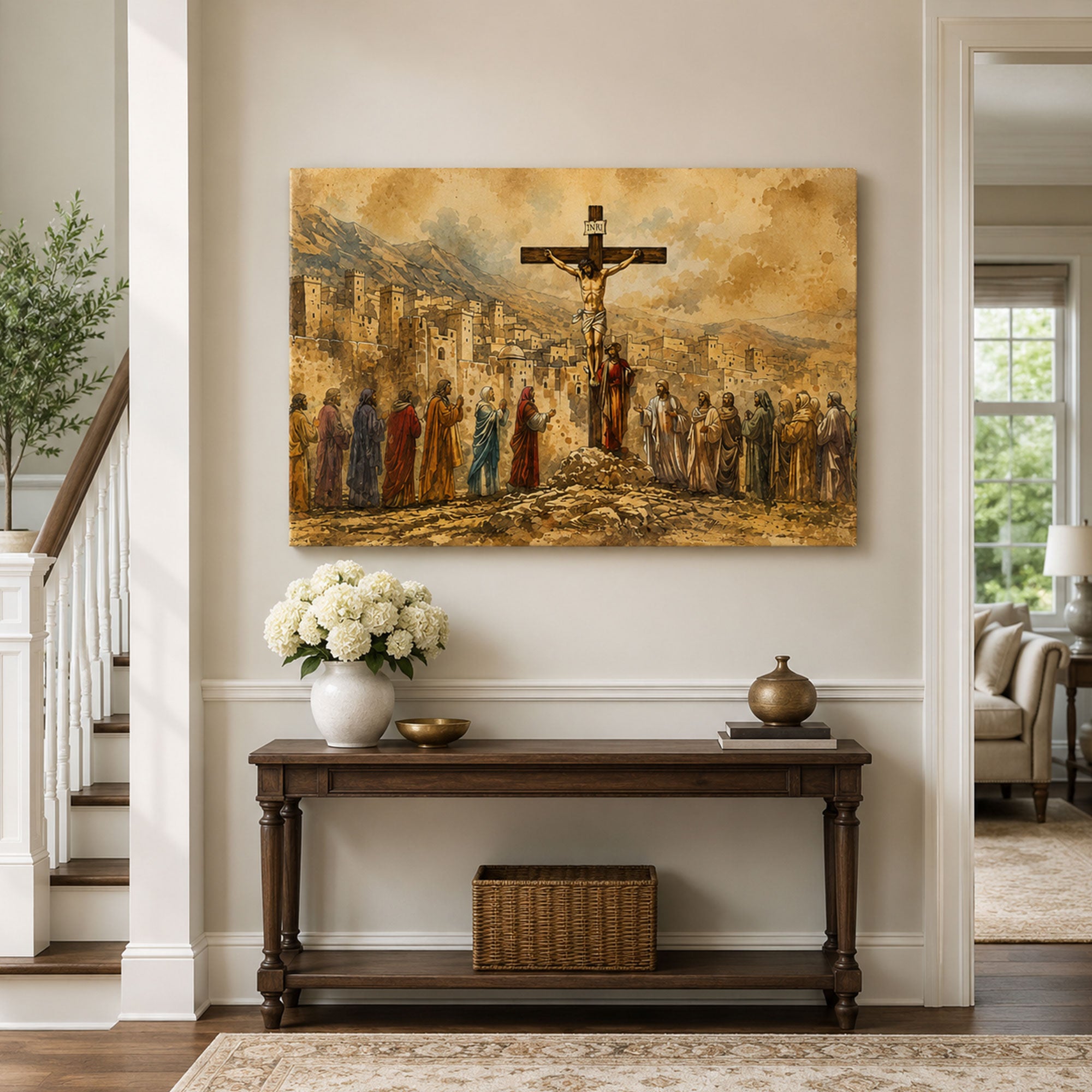 Crucifixion of Jesus Canvas Print, Calvary Scene Catholic Wall Art, Passion of Christ Christian Home Decor