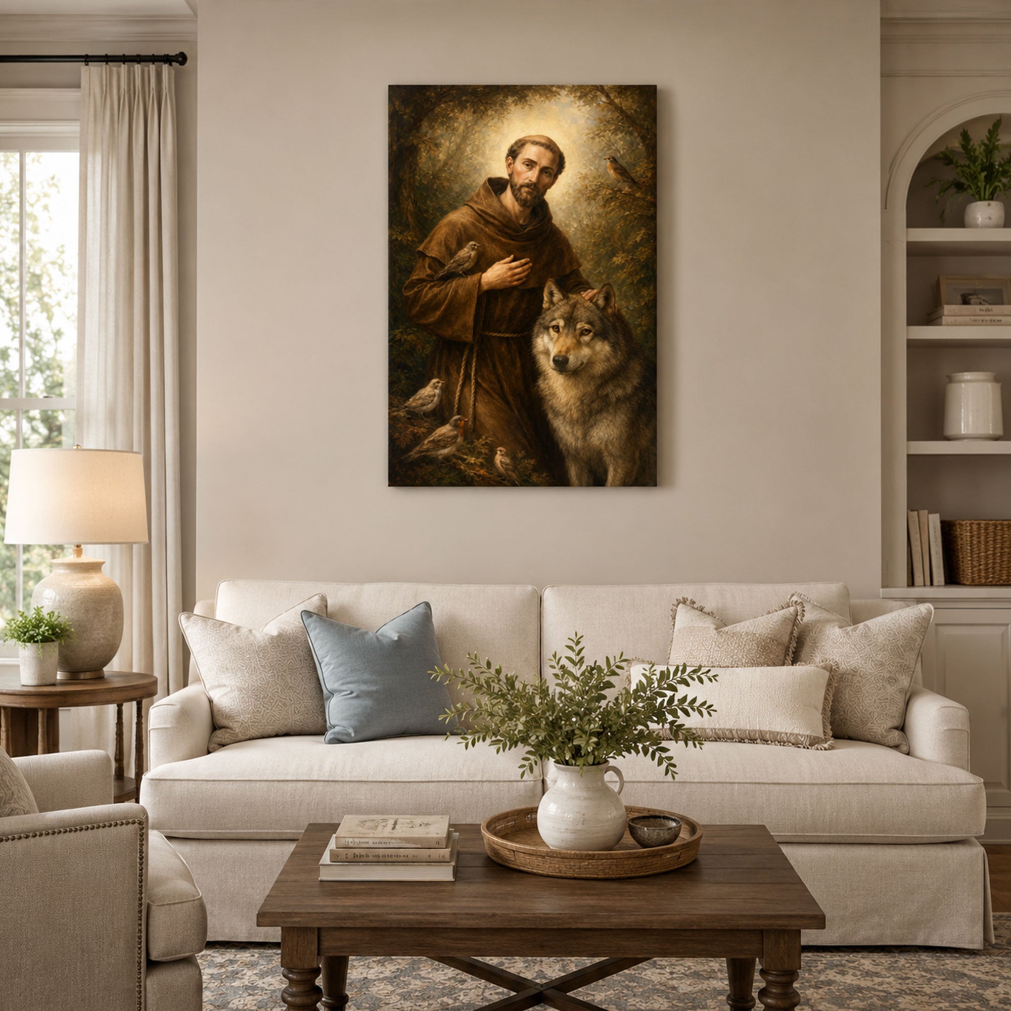Saint Francis of Assisi Canvas Print, Wolf and Birds Catholic Wall Art, Christian Nature Home Decor Gift