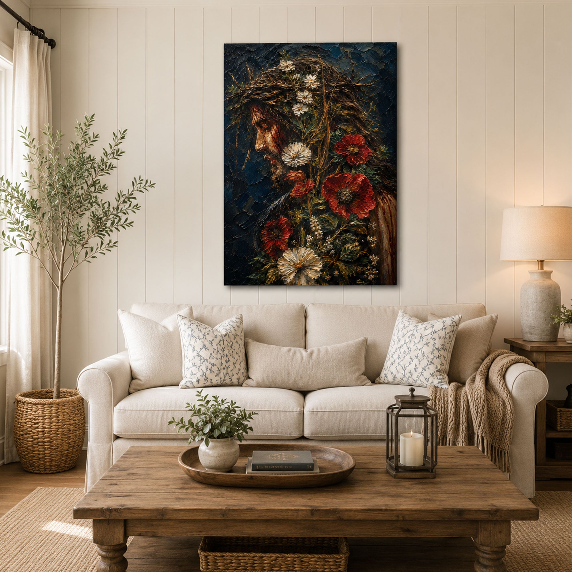 Jesus Crown of Thorns Floral Canvas Print, Dark Christian Wall Art, Faith Home Decor Gift