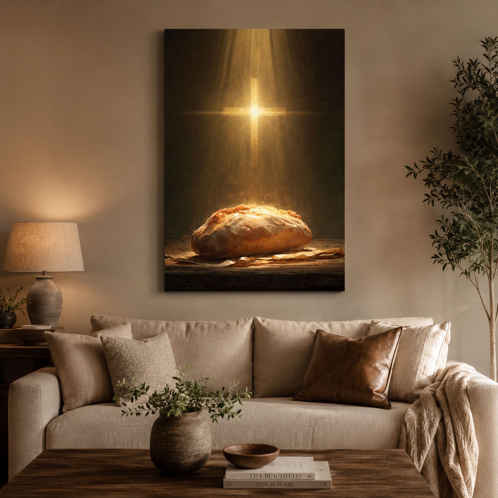Bread of Life Wall Art, Christian Eucharist Canvas Print, Cross Light Religious Faith Decor