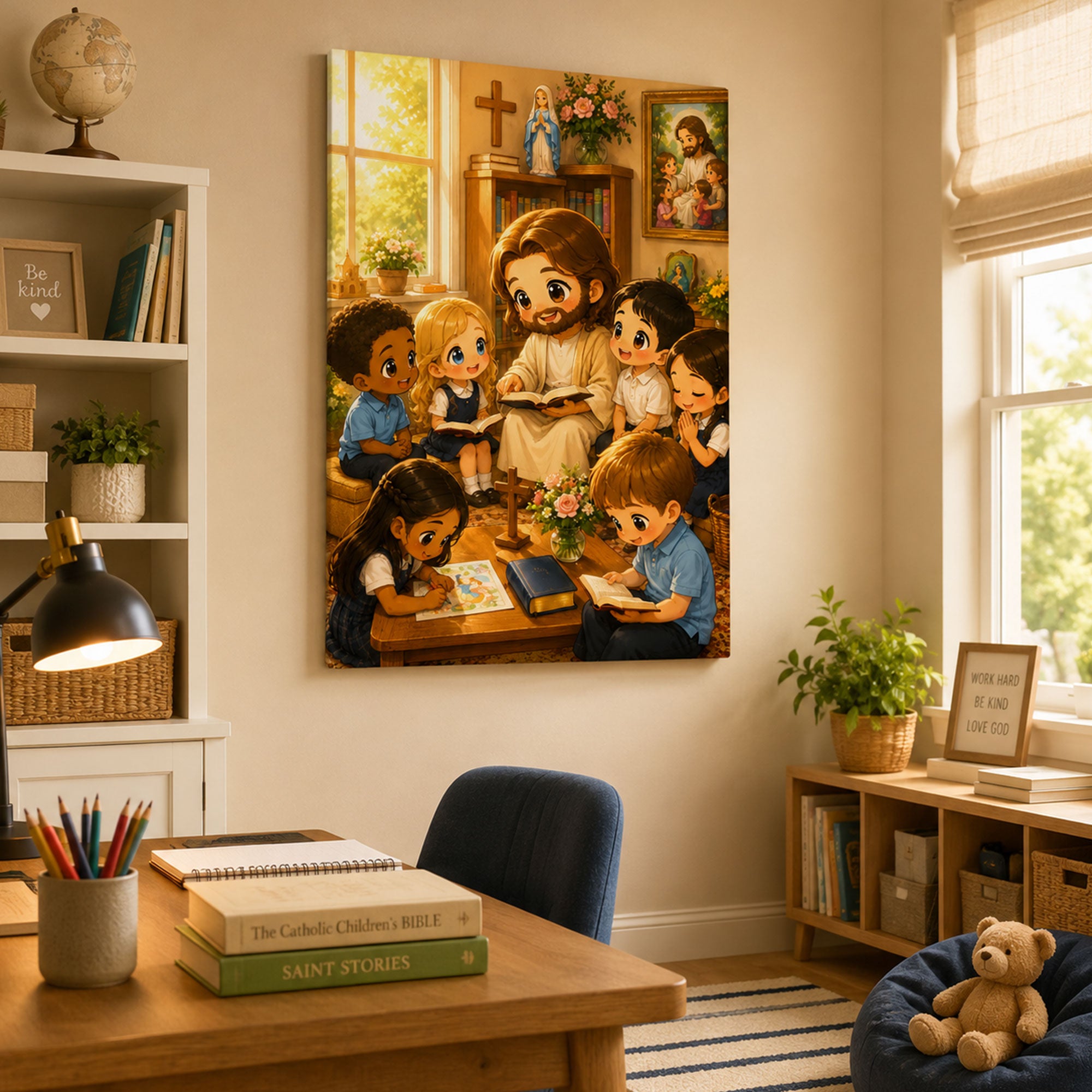 Jesus Teaching Children Canvas Print Cute Chibi Catholic Kids Wall Art Christian Classroom Nursery Decor