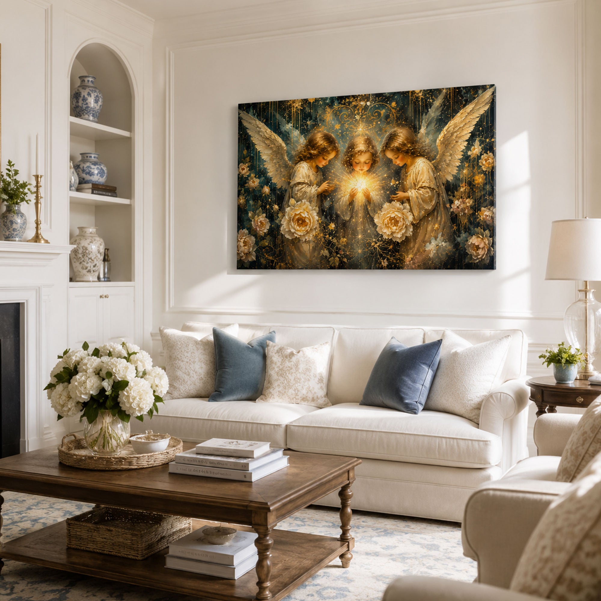 Three Angels of Light Canvas Print, Christian Angel Wall Art, White Rose Faith Home Decor Gift