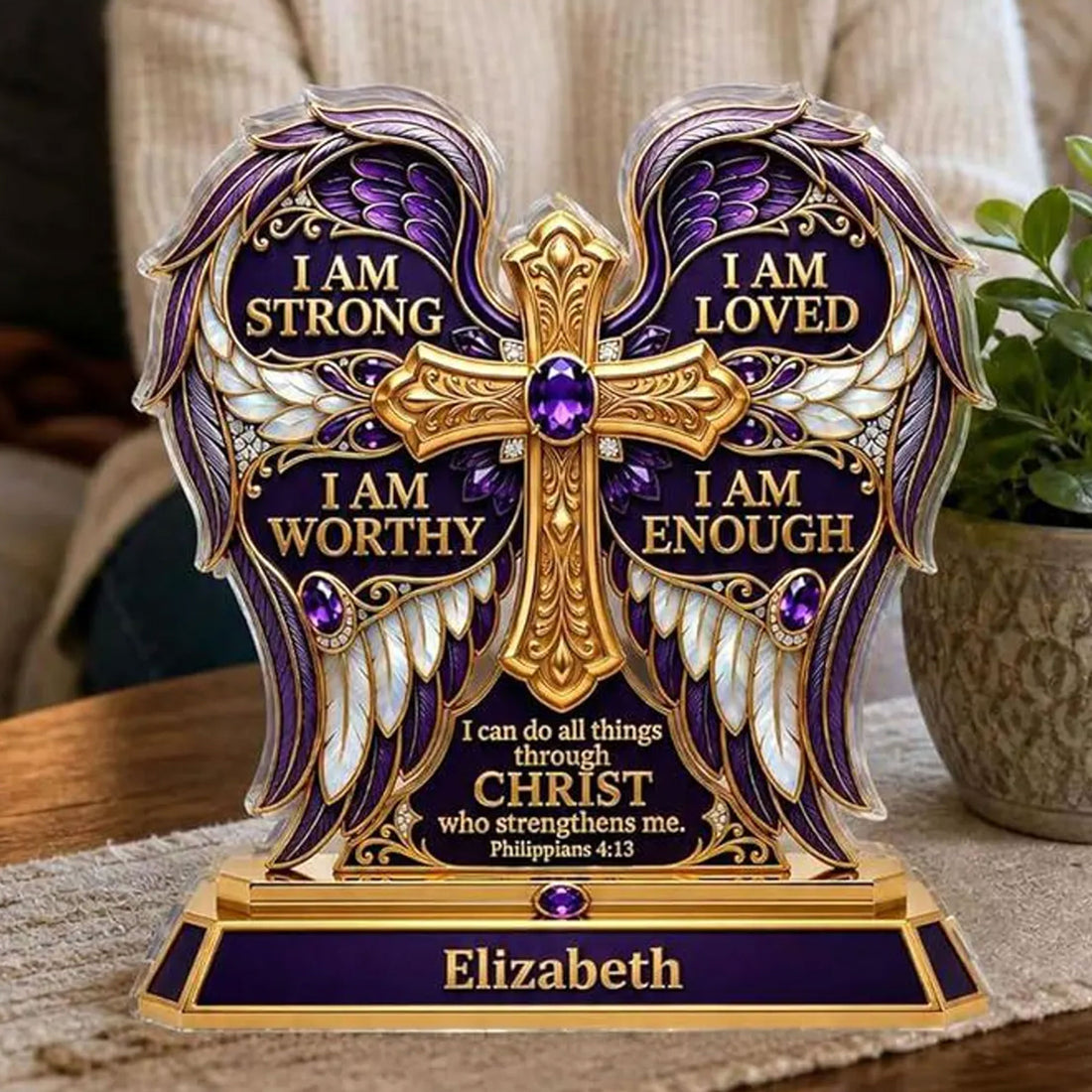 Personalized Philippians 4:13 Acrylic Desk Plaque, I Am Strong I Am Loved Christian Affirmation Gift