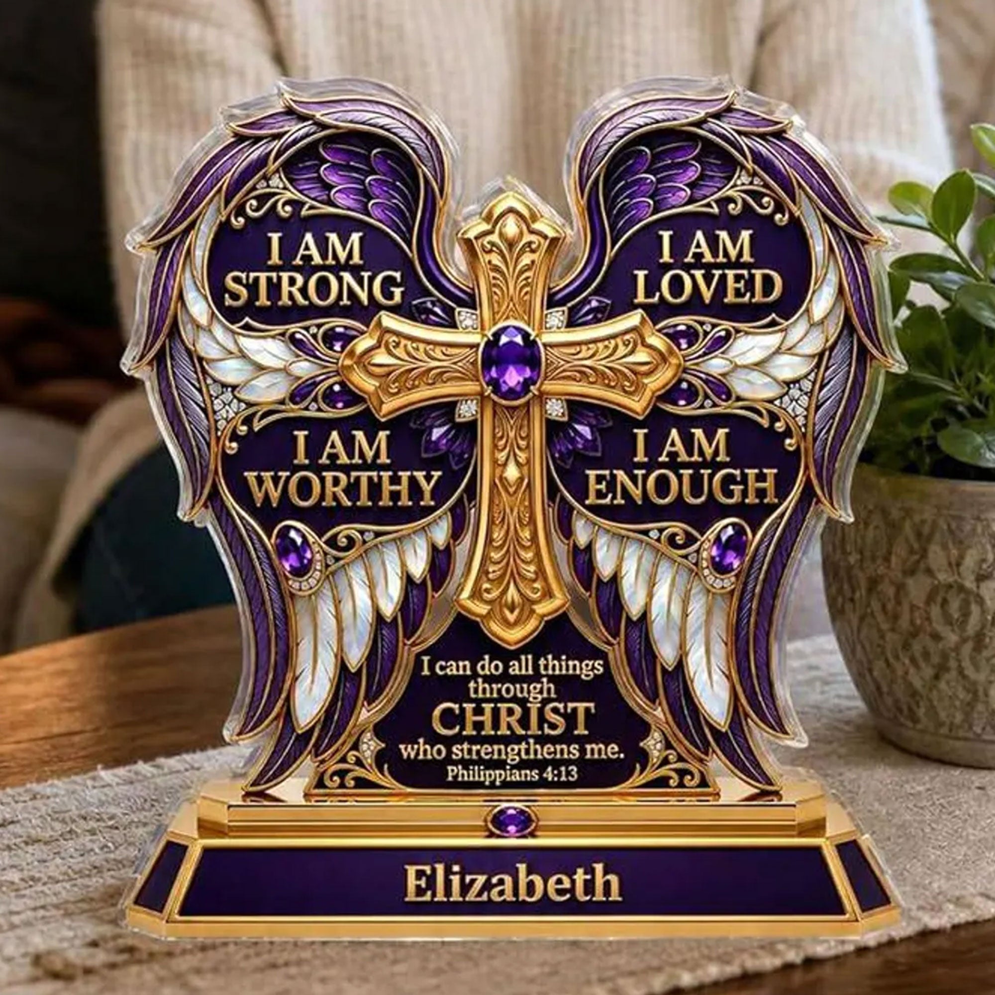 Personalized Philippians 4:13 Acrylic Desk Plaque, I Am Strong I Am Loved Christian Affirmation Gift