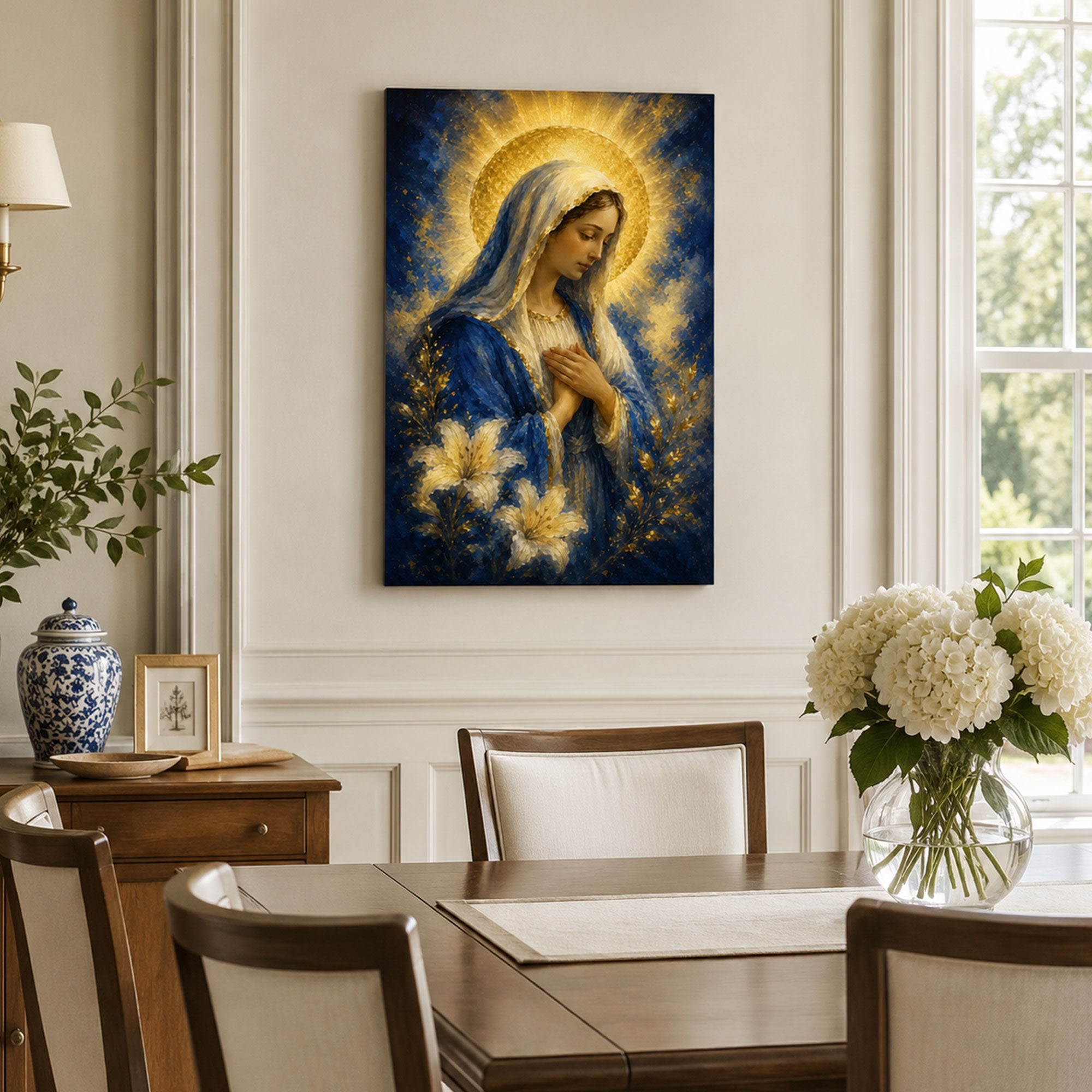 Blessed Virgin Mary with Lilies Canvas Print, Blue and Gold Catholic Marian Wall Art, Faith Home Decor Gift