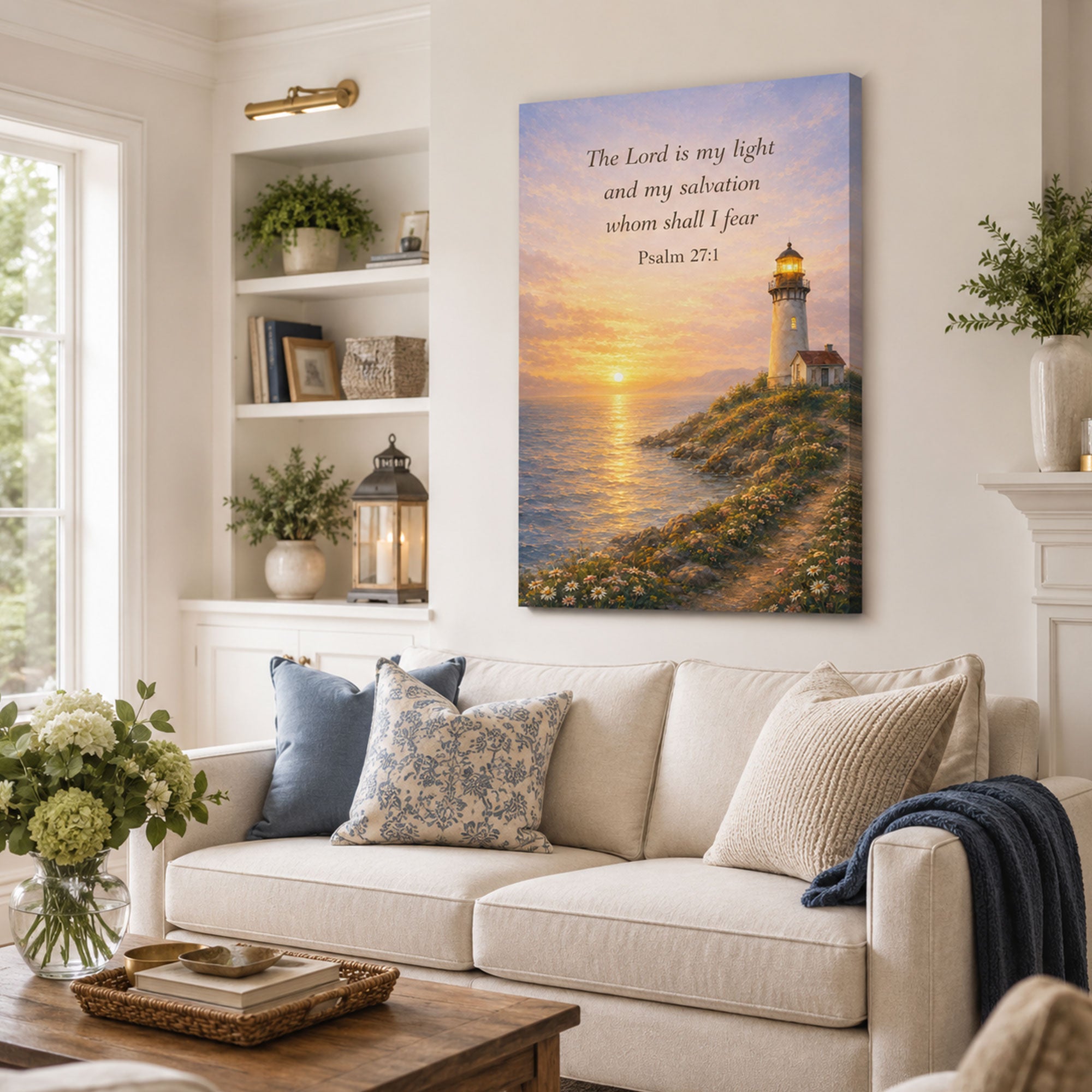 Psalm 27:1 Lighthouse Canvas Print, The Lord Is My Light Christian Wall Art, Coastal Faith Home Decor Gift
