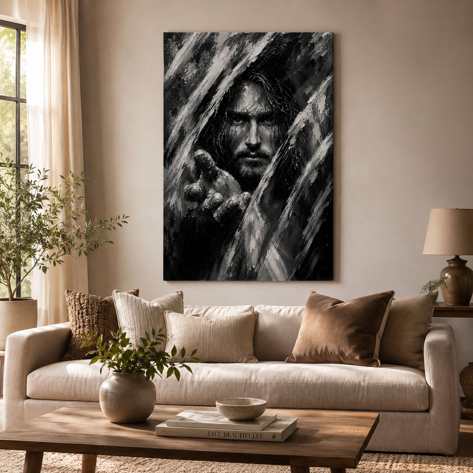 Jesus Reaching Out Canvas Print, Black and White Christian Wall Art, Hope Faith Home Decor