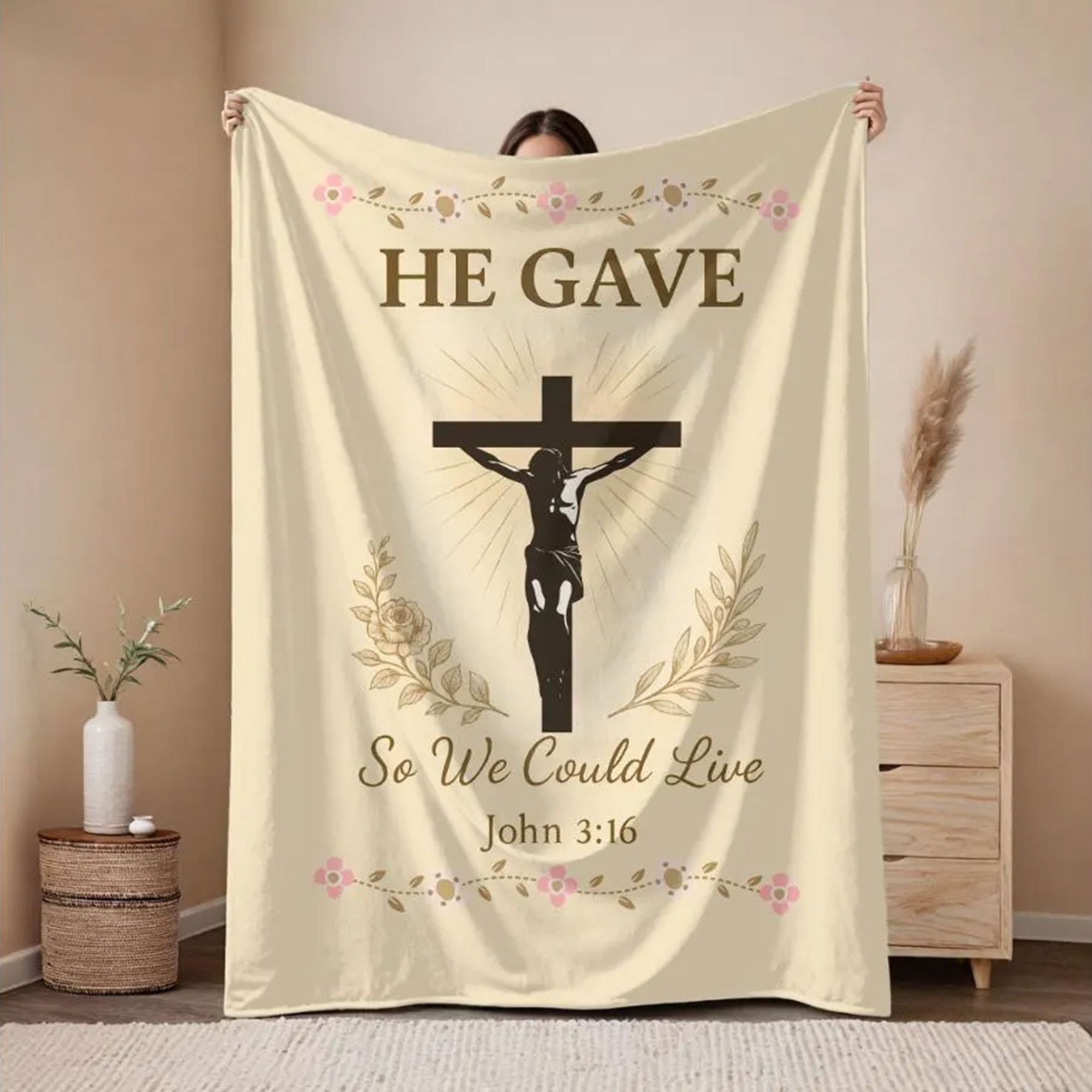 Christian Fleece Blanket, Jesus Crucifixion Throw, He Gave So We Could Live Scripture Blanket, Faith Gift for Mom, Grandma, Bible Verse Gift