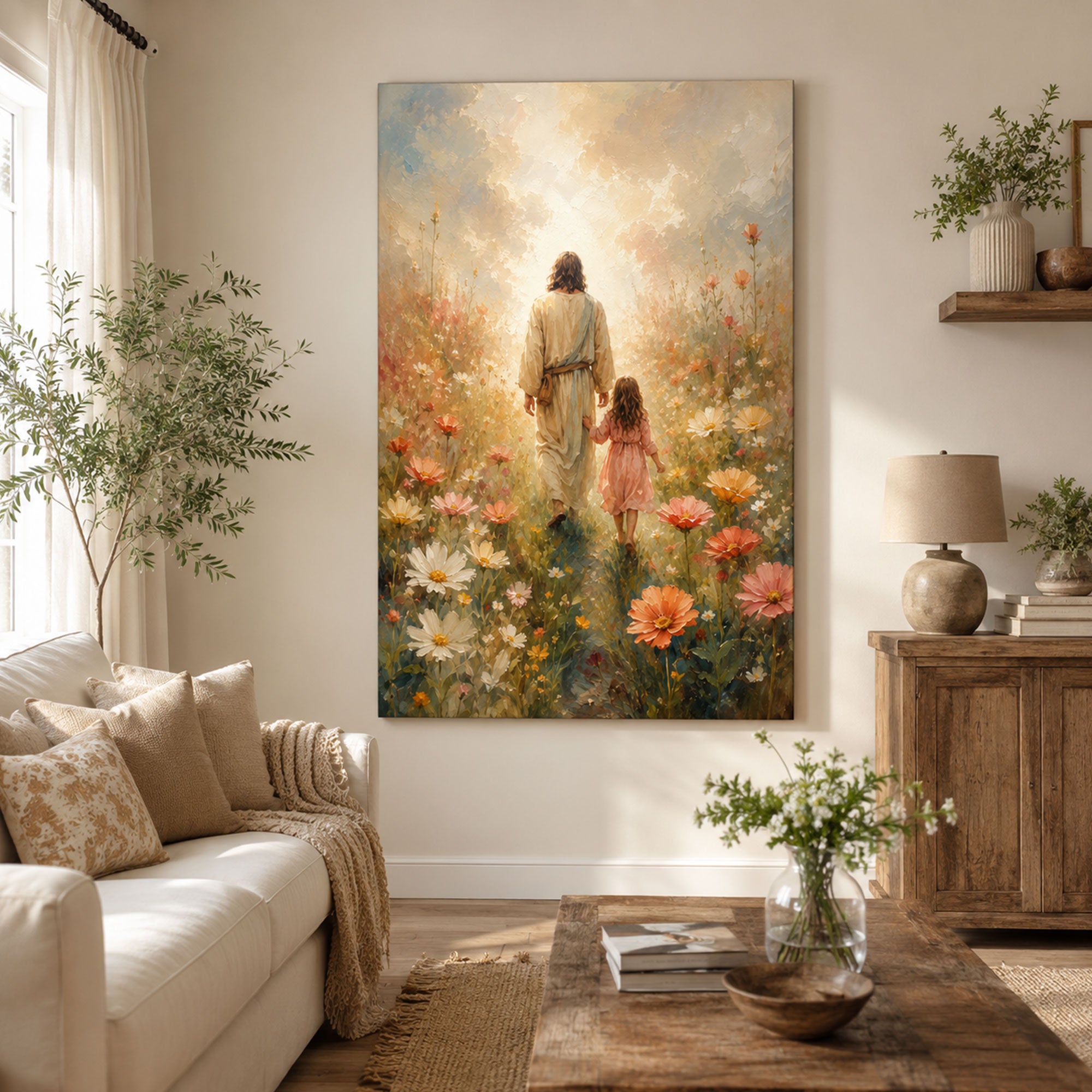Jesus Walking with Little Girl Canvas Print, Christian Wall Art, Wildflower Faith Home Decor