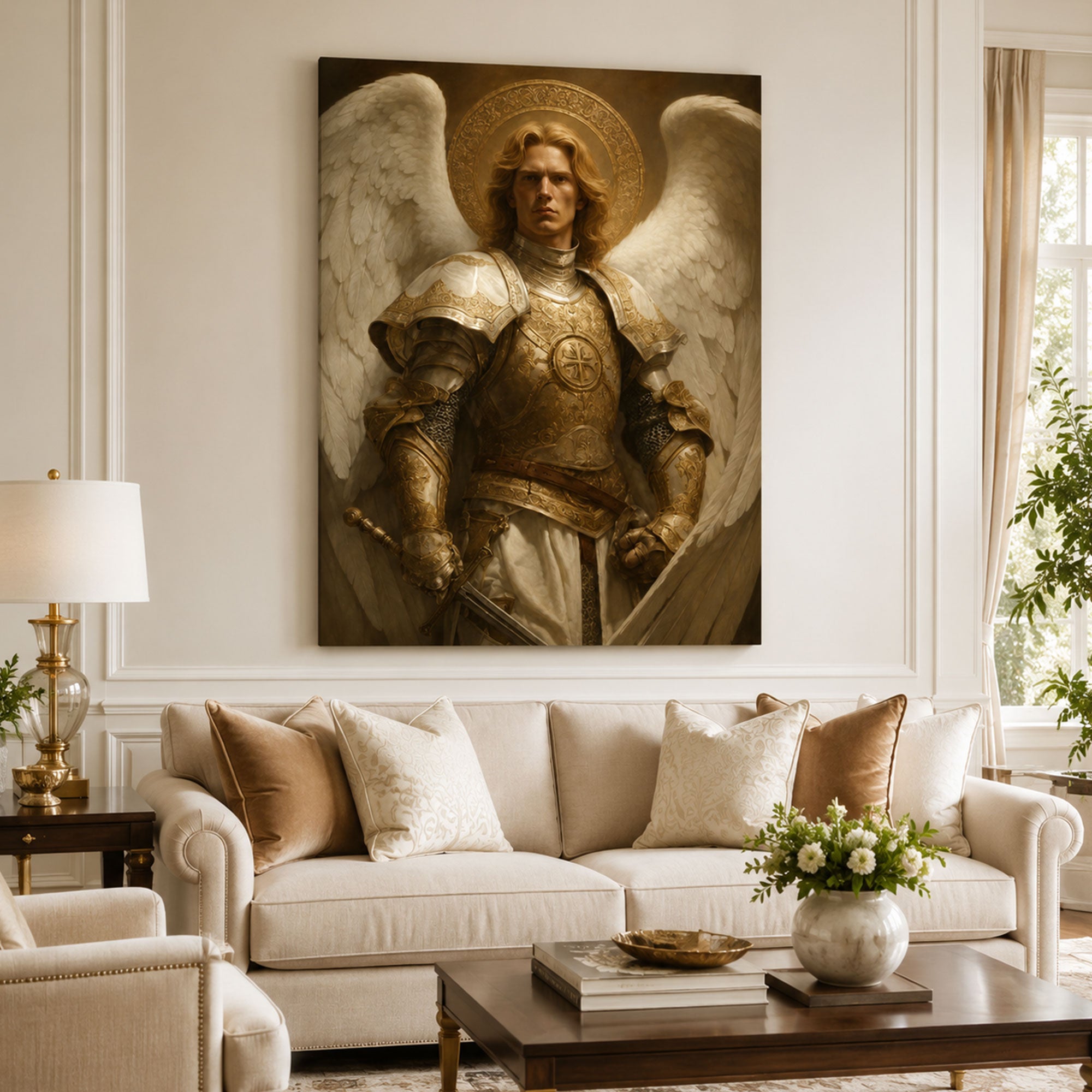Saint Michael with Cross Breastplate Canvas Print, Bronze Catholic Angel Art