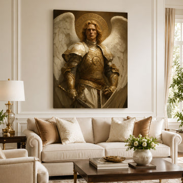 Saint Michael with Cross Breastplate Canvas Print, Bronze Catholic Angel Art