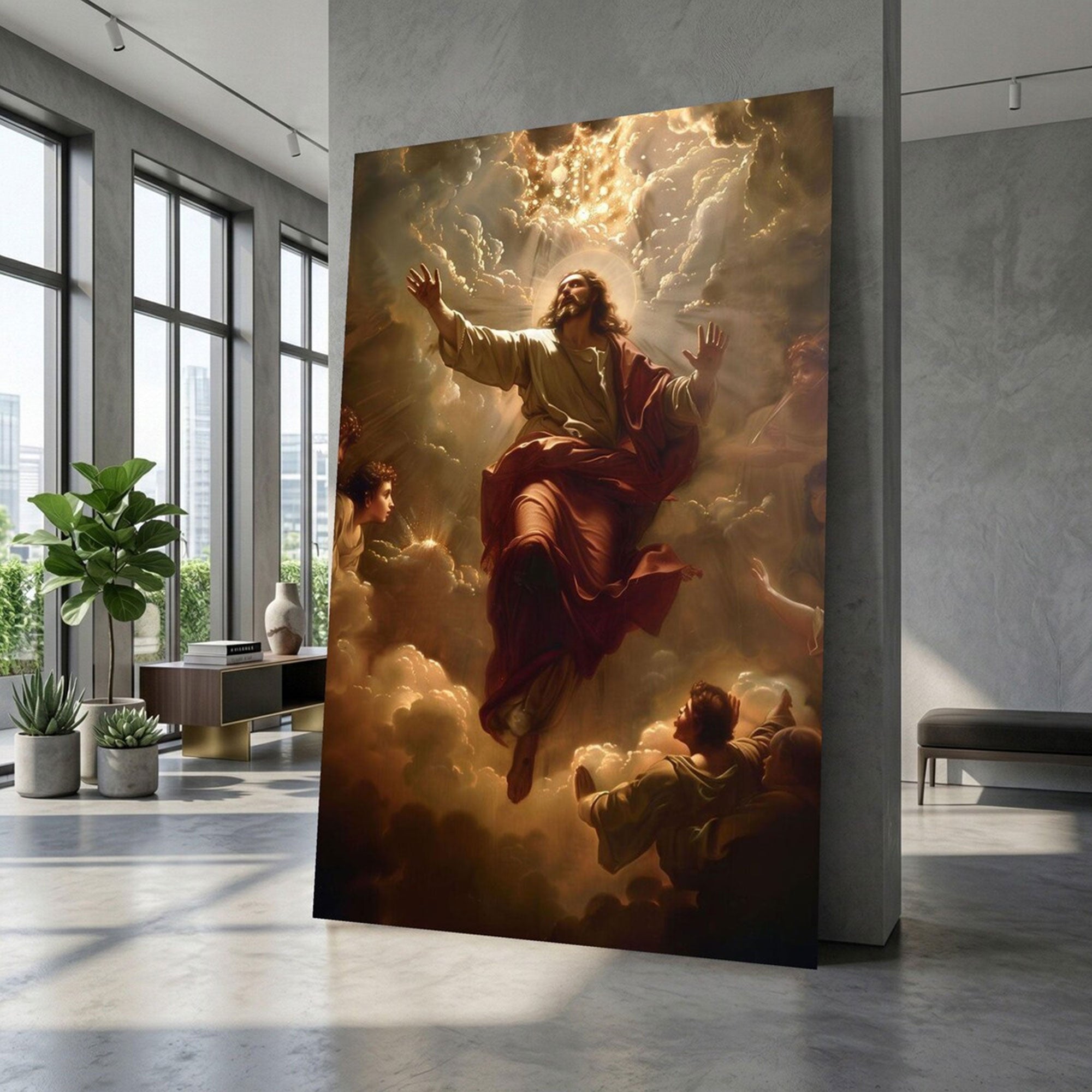Ascending Christ Canvas Print, Christian Wall Art, Divine Light Decor, Heavenly Clouds Scene