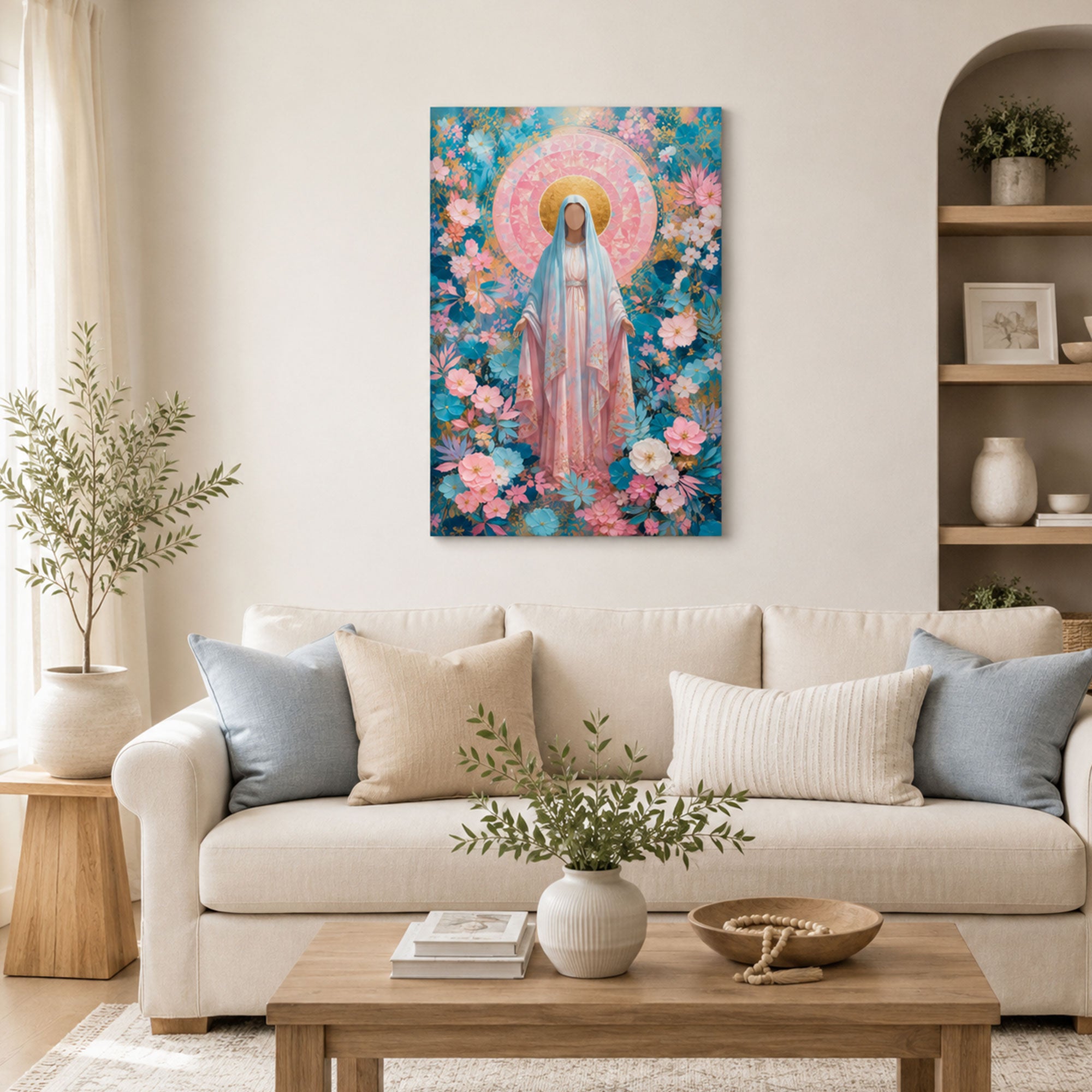Our Lady of Grace Canvas Print, Floral Virgin Mary Catholic Wall Decor, Marian Faith Gift