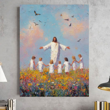 Jesus and Children Canvas Print, Colorful Christian Wall Art, Religious Home Decor