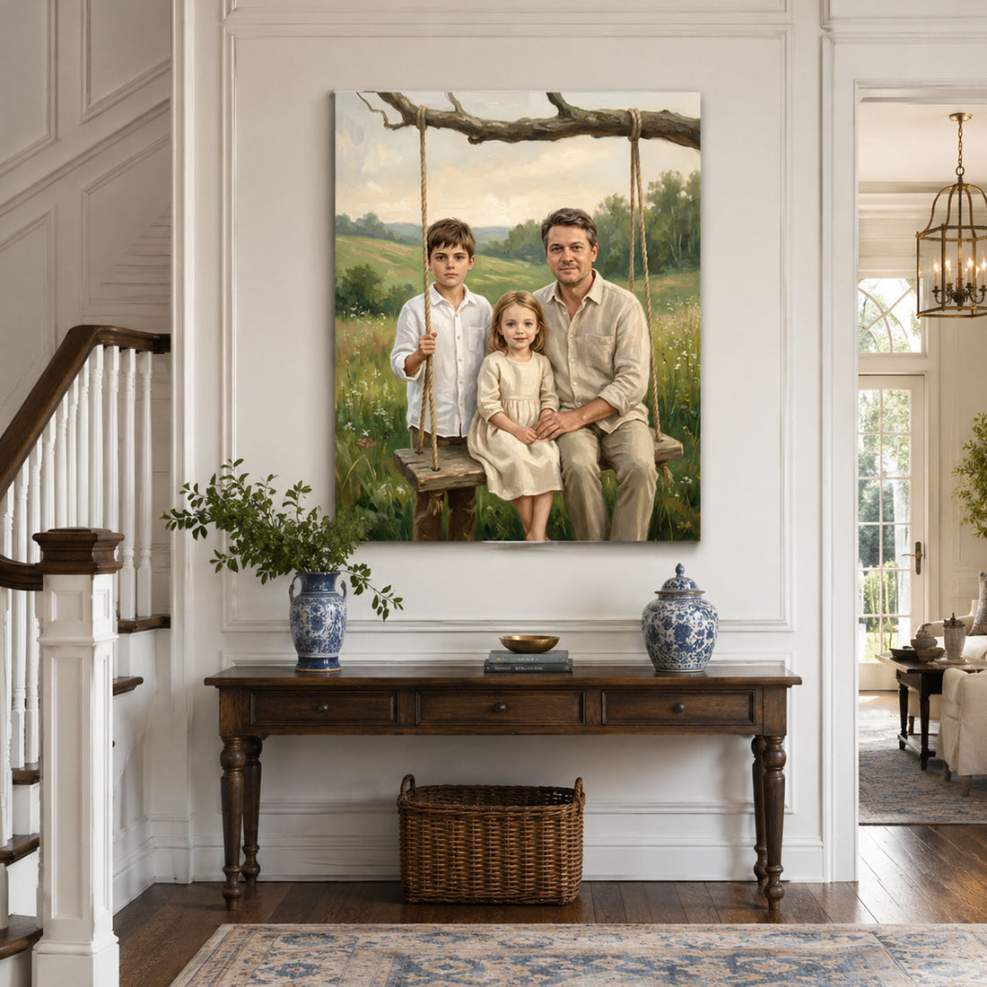 Custom Face For Dad Memory Swing Canvas, Personalized Father and Kids Portrait, Father’s Day Gift