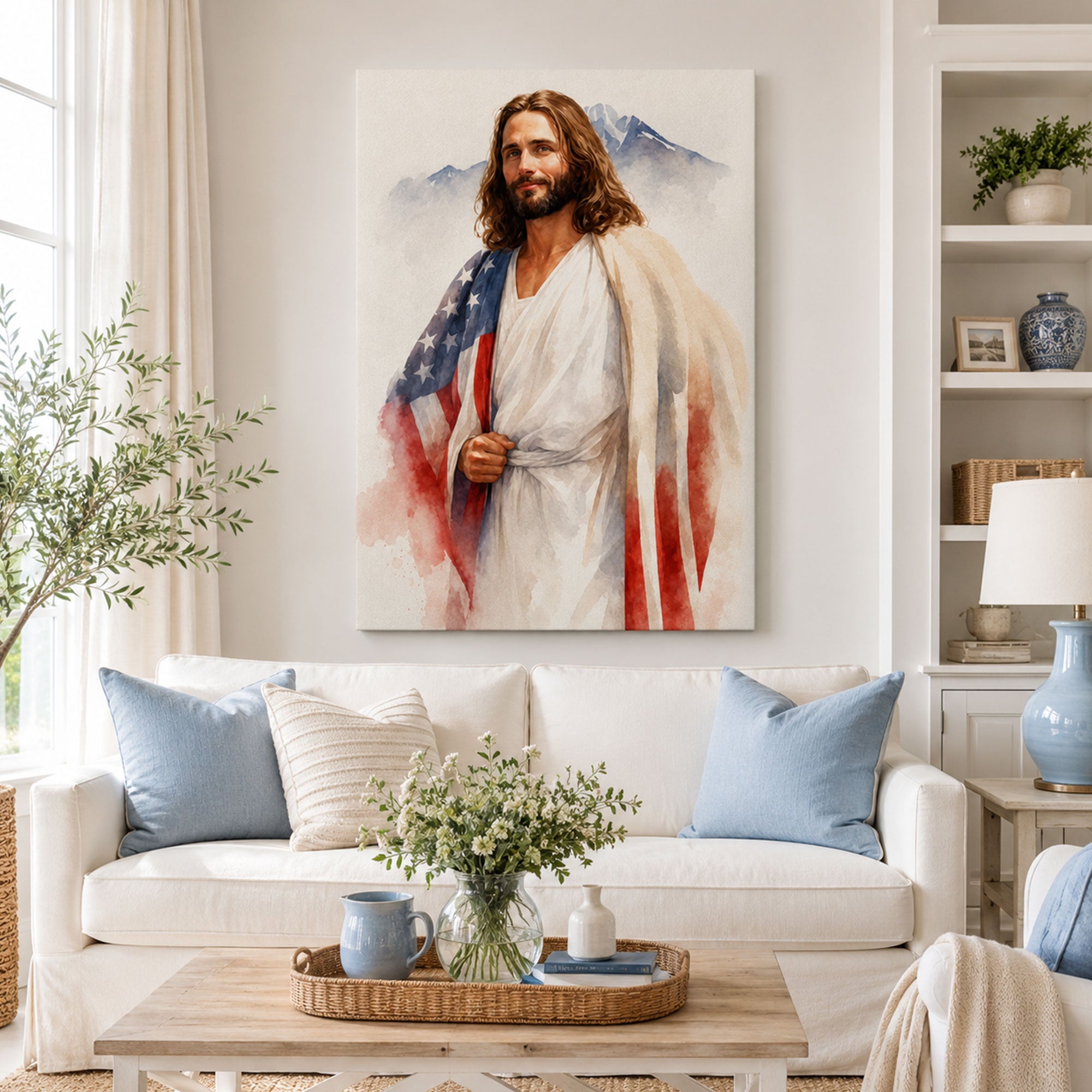 Jesus and American Flag Canvas Print, Patriotic Christian Wall Art, One Nation Under God Faith Home Decor