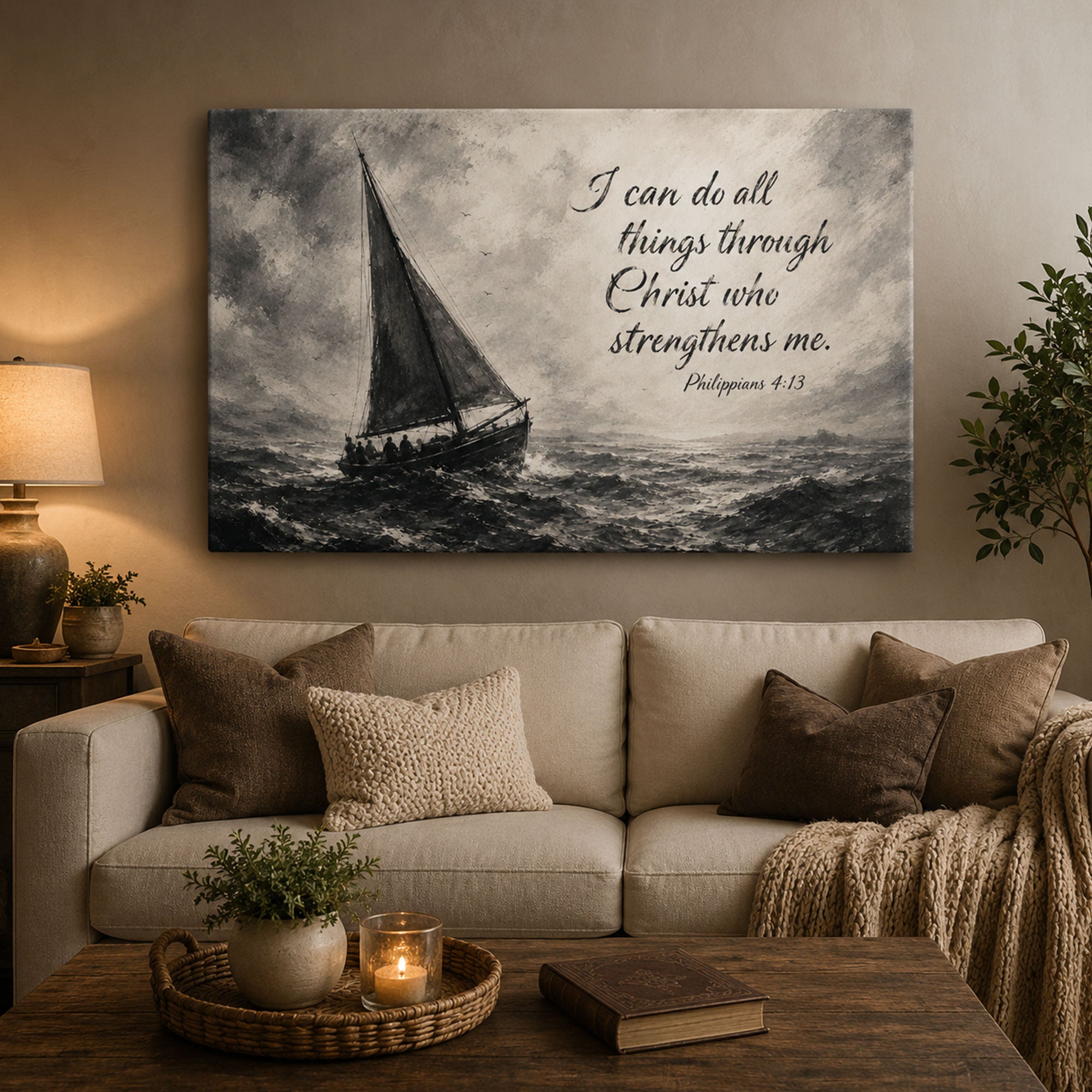 I Can Do All Things Philippians 4:13 Canvas Print, Stormy Sea Christian Scripture Wall Art, Faith Home Decor