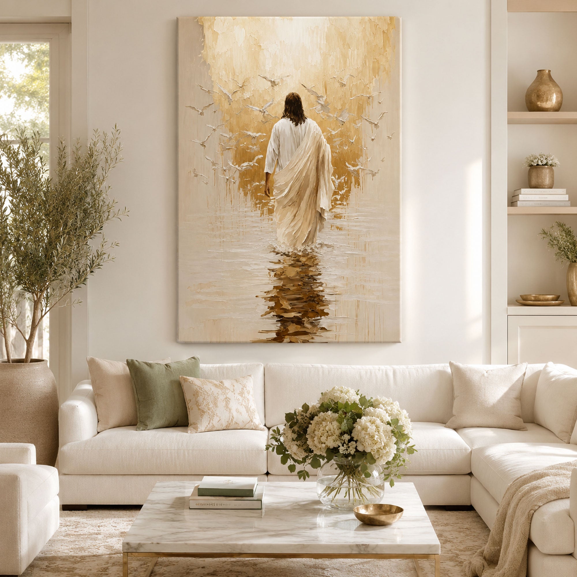 Jesus Walking in Divine Peace Canvas Print, Minimalist Christian Wall Art, Spiritual Reflection Faith Decor