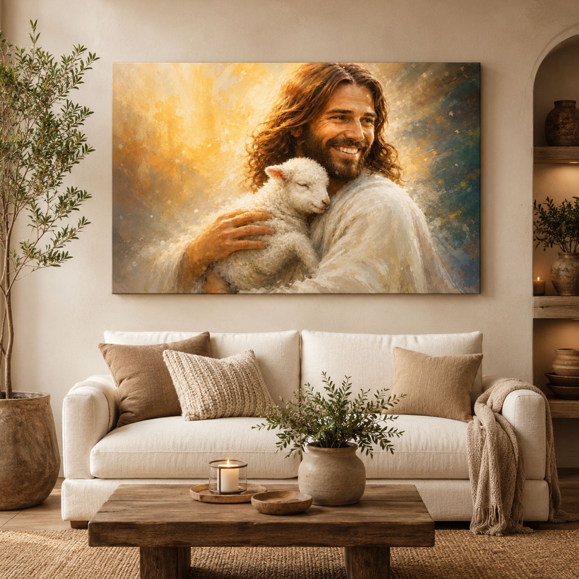 Smiling Jesus with Lamb Canvas Print, Good Shepherd Christian Wall Art, Peaceful Faith Home Decor