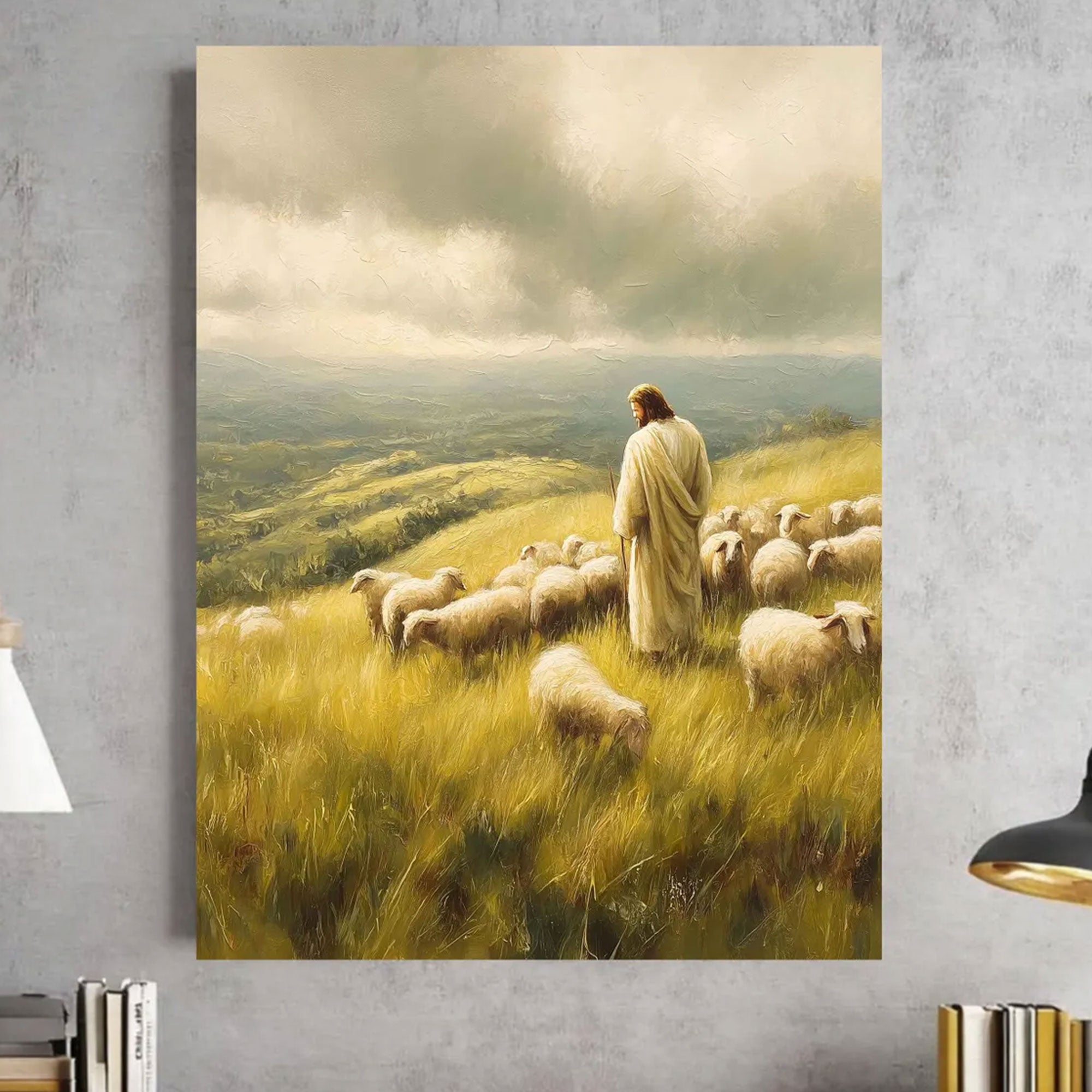 Jesus Good Shepherd Canvas Print, Christian Religious Sheep Wall Art, Rustic Faith Home Decor