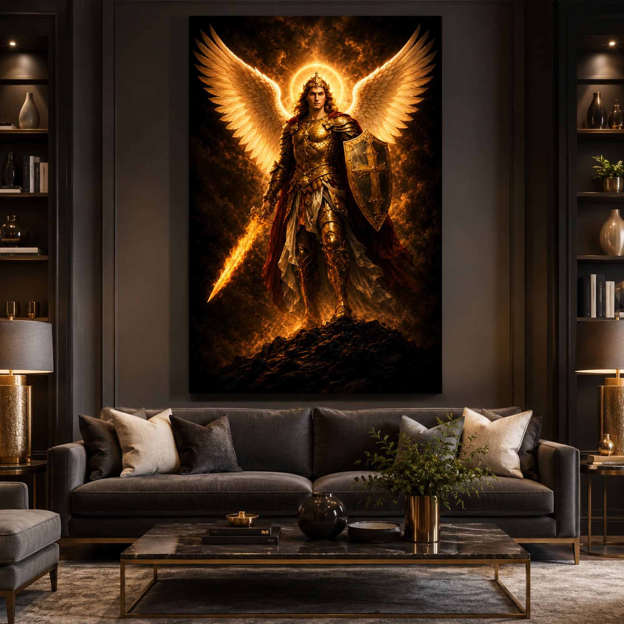 Saint Michael with Flaming Sword Canvas Print, Catholic Archangel Wall Art, Faith Home Decor Gift