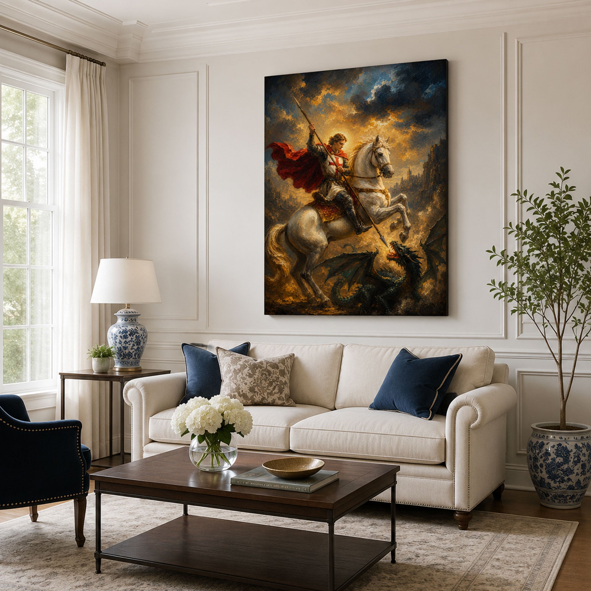 Saint George Spear of Faith Canvas Print, Stormlit Catholic Decor
