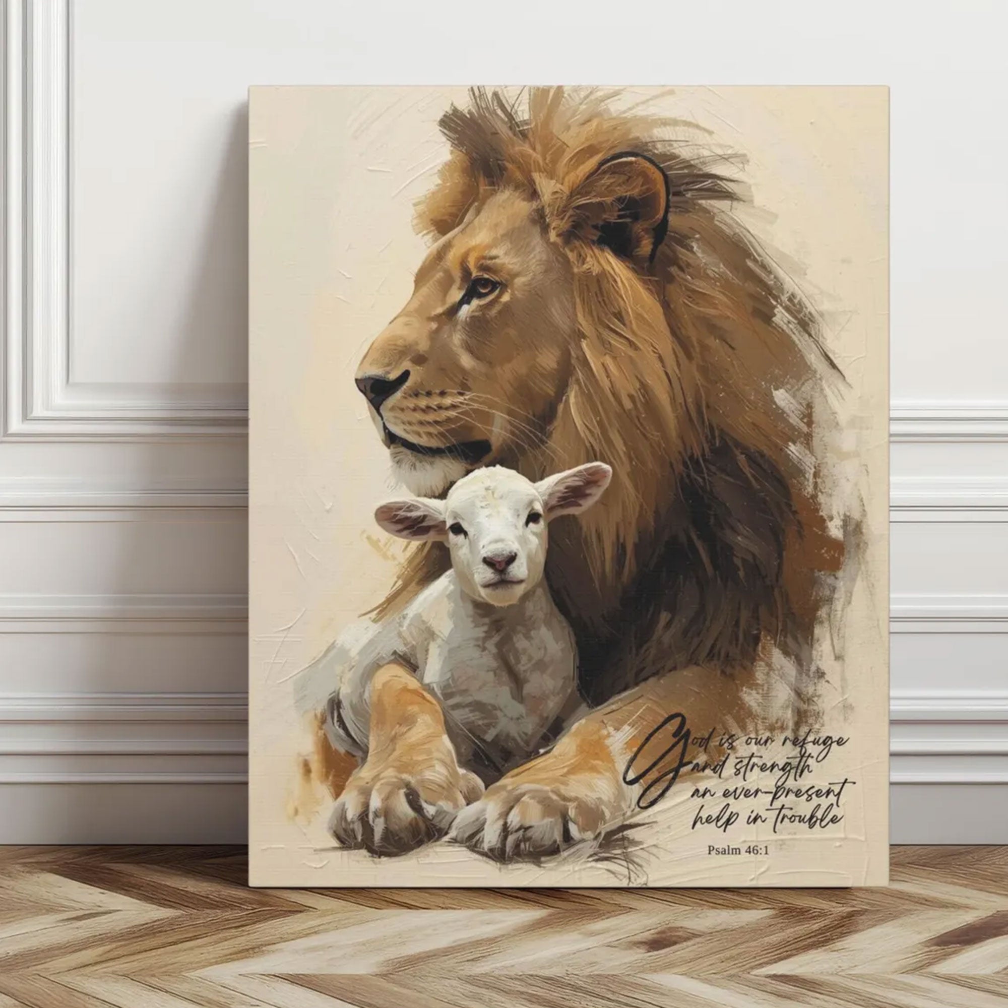 Lion and Lamb Psalm 46:1 Canvas Print, Christian Faith Wall Art, Biblical Home Decor, Inspirational Scripture Artwork