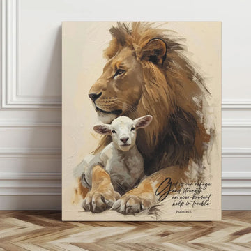 Lion and Lamb Psalm 46:1 Canvas Print, Christian Faith Wall Art, Biblical Home Decor, Inspirational Scripture Artwork