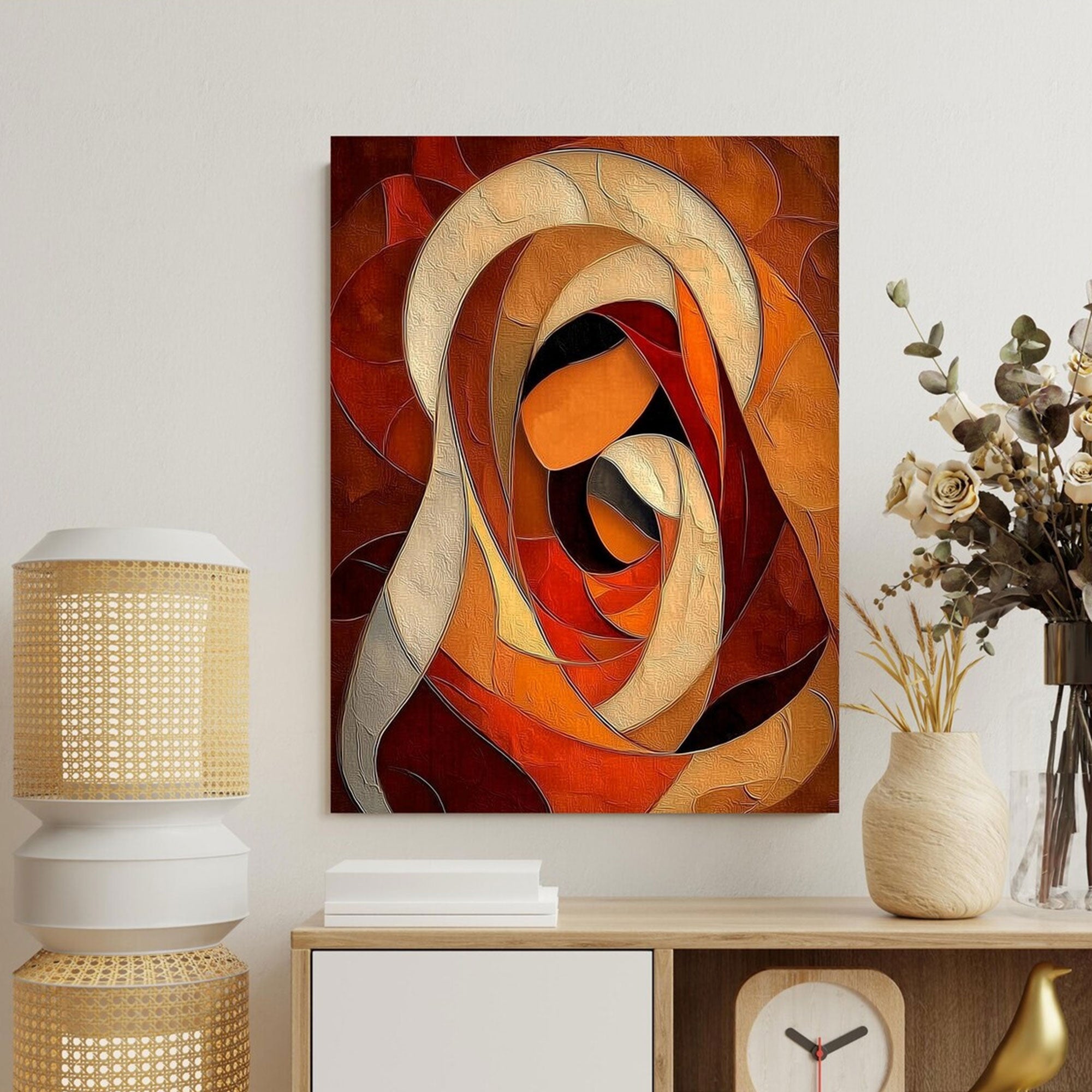 Abstract Virgin Mary Canvas Art, Geometric Madonna Wall Decor, Modern Christian Faith Artwork