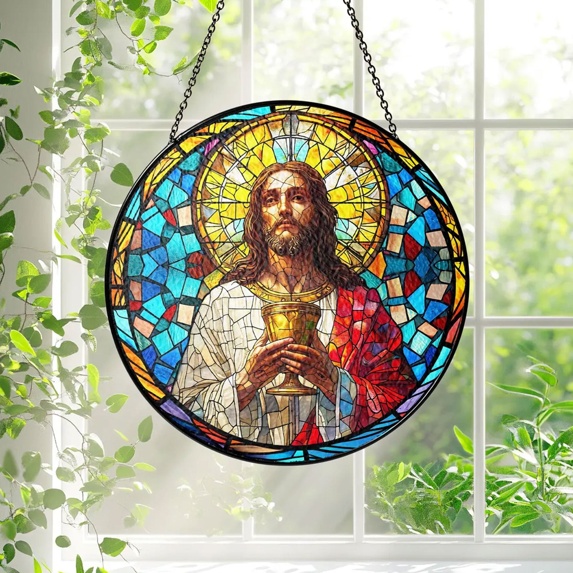 Jesus Christ Stained Glass Suncatcher, Christian Window Hanging Decor, Religious Faith Gift, Spiritual Home Ornament