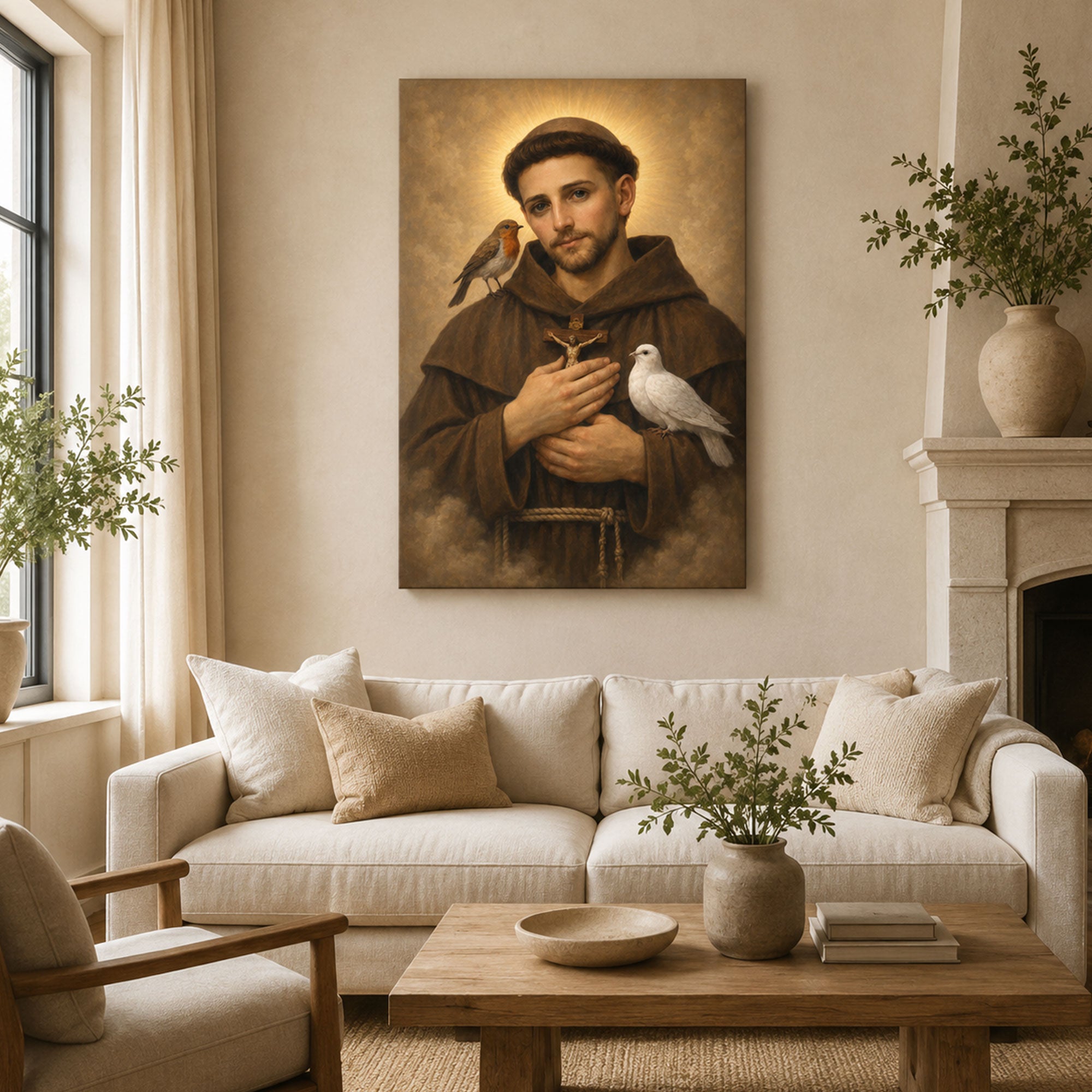 Saint Francis of Assisi with Birds Canvas Print, Catholic Saint Wall Art, Peaceful Faith Home Decor Gift