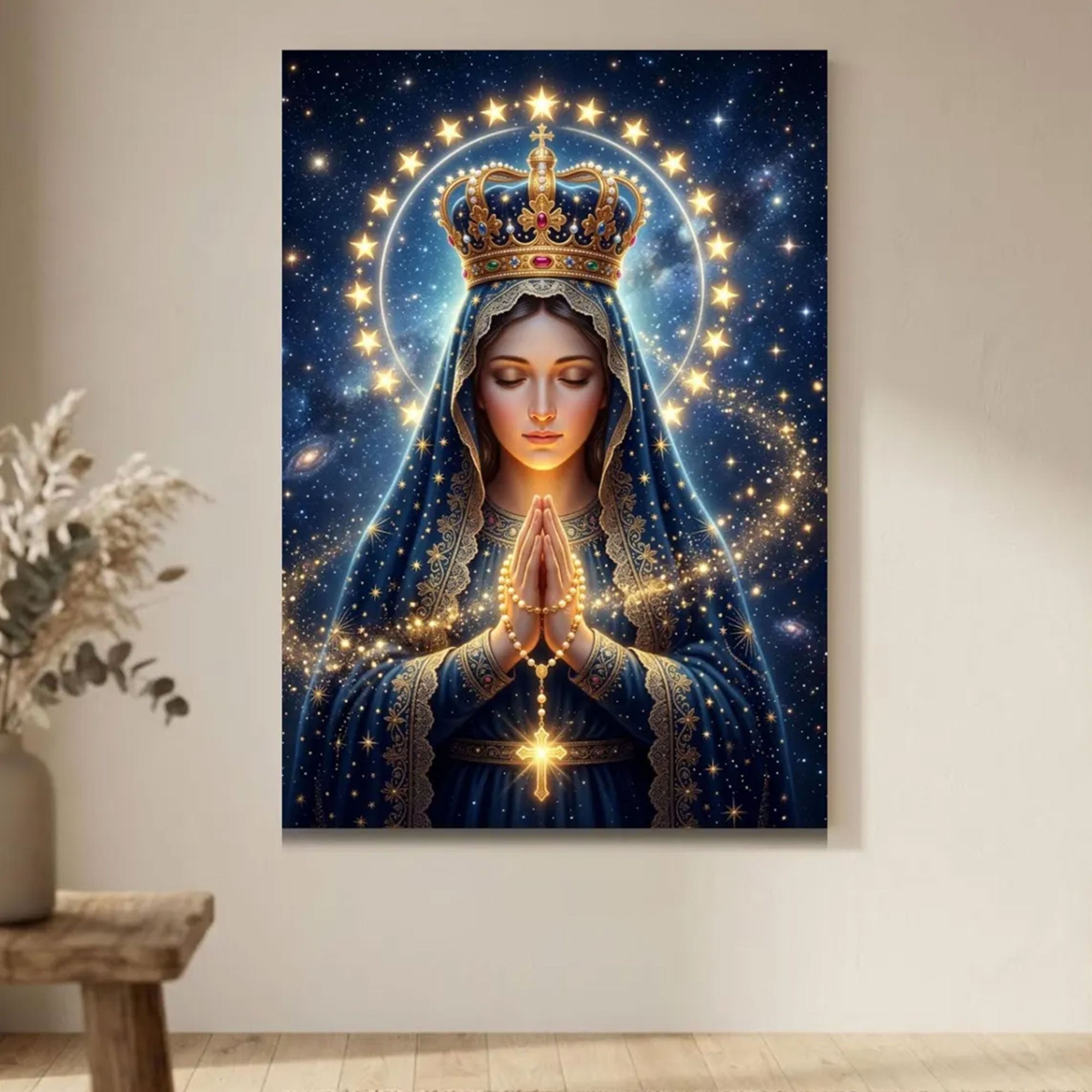 Queen of Heaven Virgin Mary Canvas Print, Celestial Catholic Wall Art, Crowned Madonna Faith Decor, Heavenly Christian Artwork