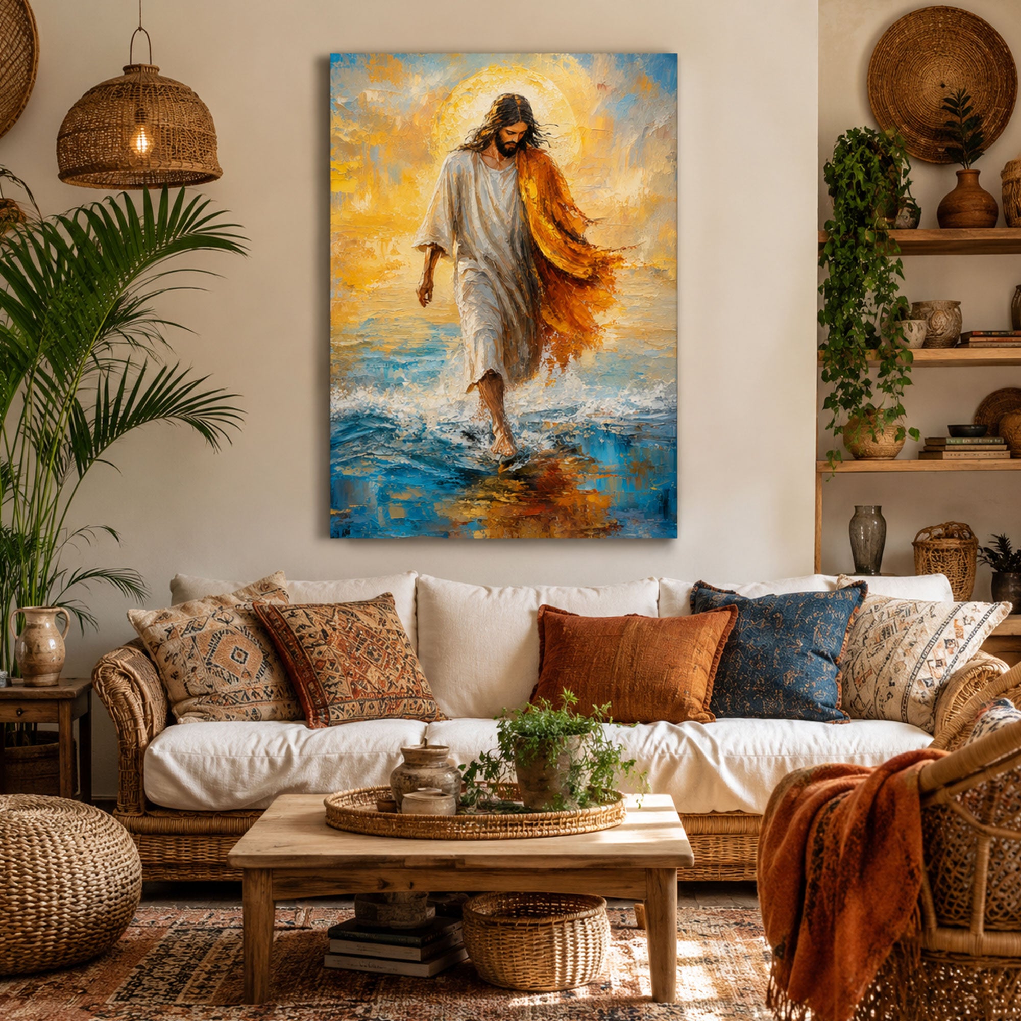 Jesus Walking on Water Canvas Print, Modern Impasto Christian Wall Art, Inspirational Faith Home Decor